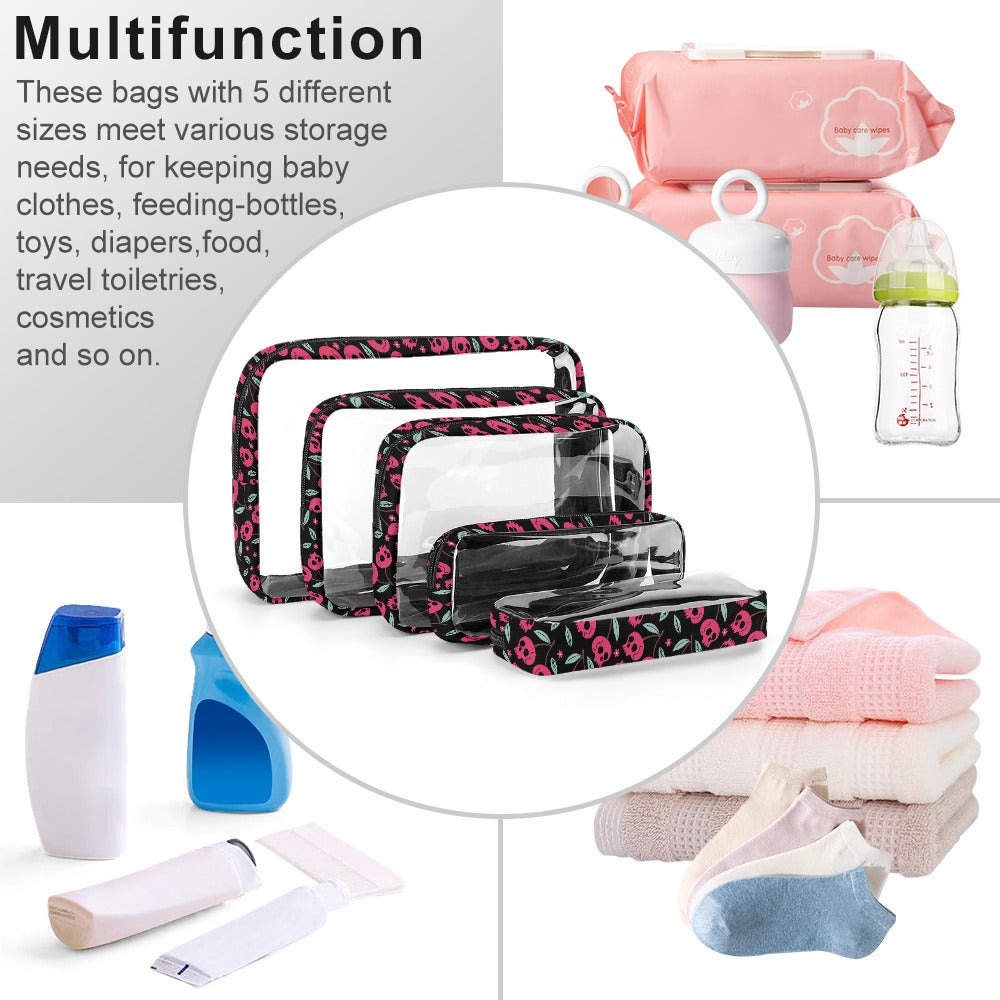 Cherry Skulls Clear Storage Bags - 5-Piece Set for Organizing Makeup, Jewelry, Travel Essentials & More | Perfect for Home, Office & On-the-Go Use