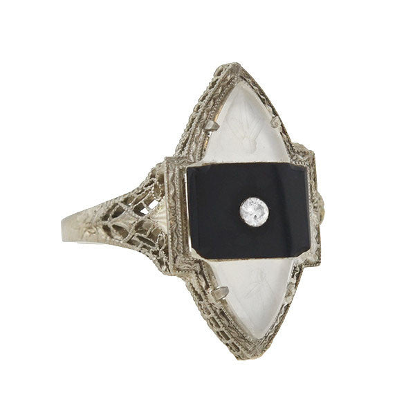Art Deco 14K Gold Rock Quartz, Onyx & Diamond Filigree Navette Ring - Vintage Jewelry for Weddings, Parties & Special Occasions