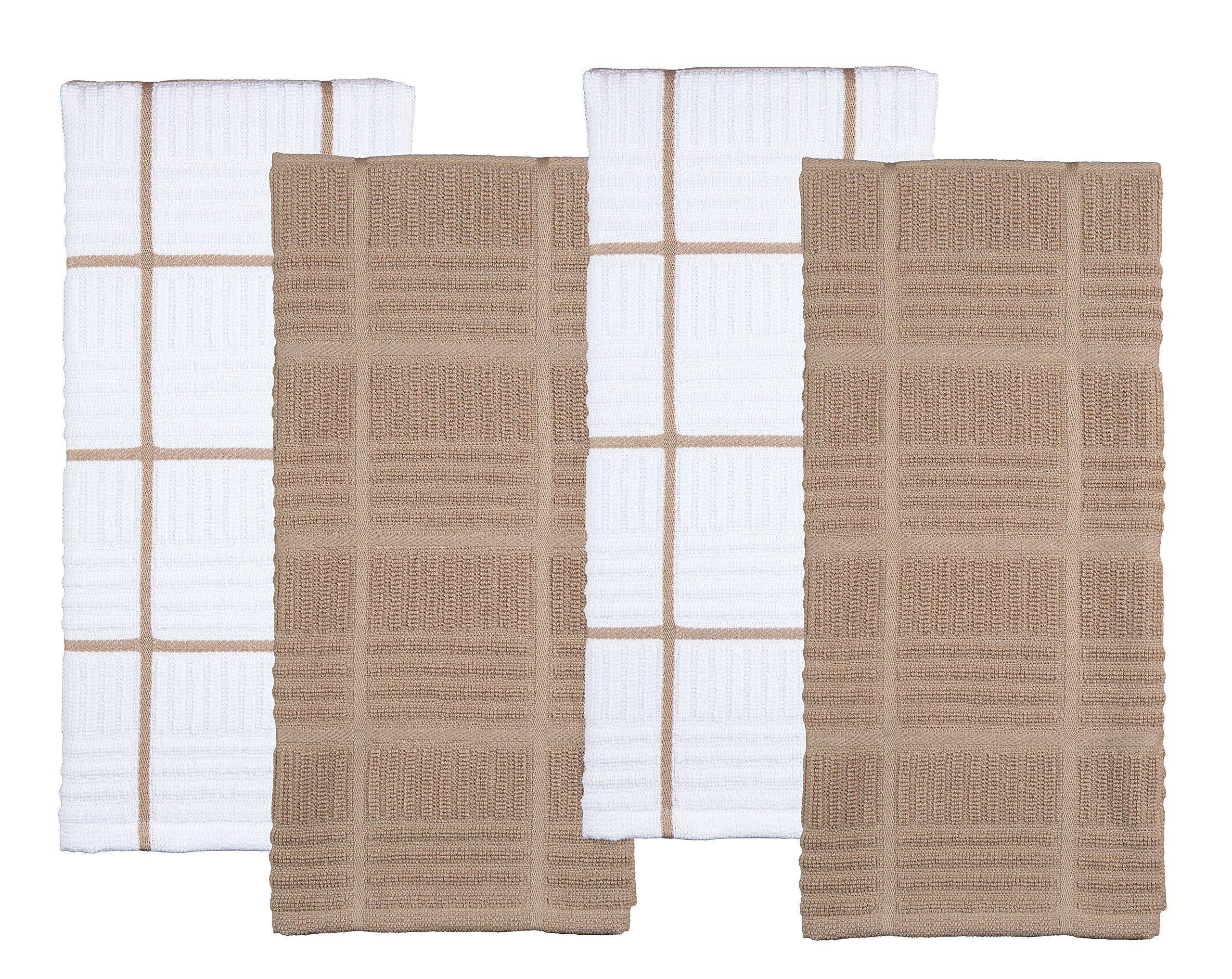 Premium 100% Cotton Kitchen Dish Towels Set of 4 - Absorbent & Reusable Tan & White Hand Towels, Tea Towels & Cleaning Cloths (28