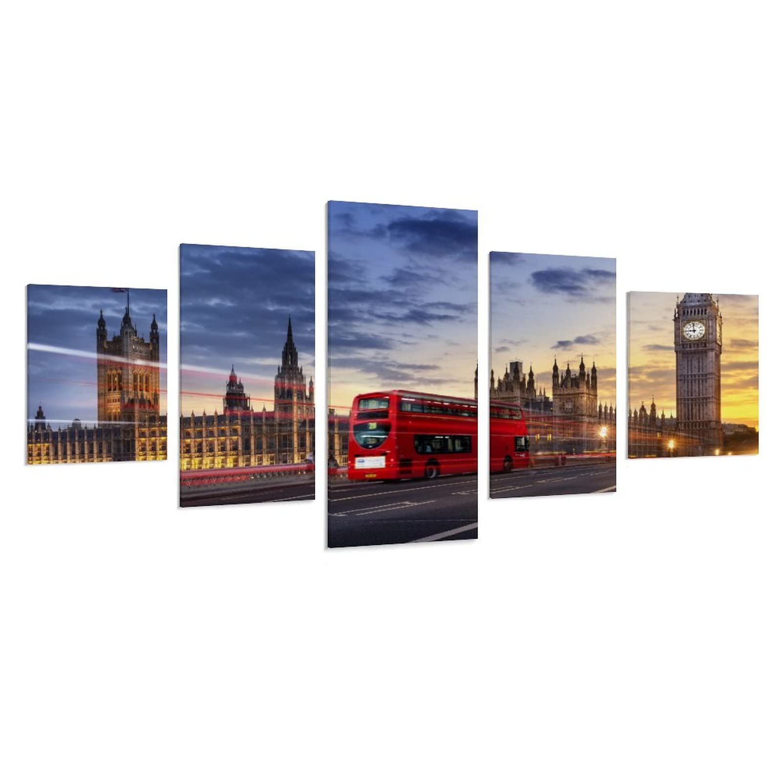 London Cityscape Wall Art Set - Big Ben & Public Transportation Canvas Prints (12x18in x2, 12x24in x2, 12x30in x1) - Modern Home Decor, Office Aesthetic, Living Room Wall Painting Gift Ideas