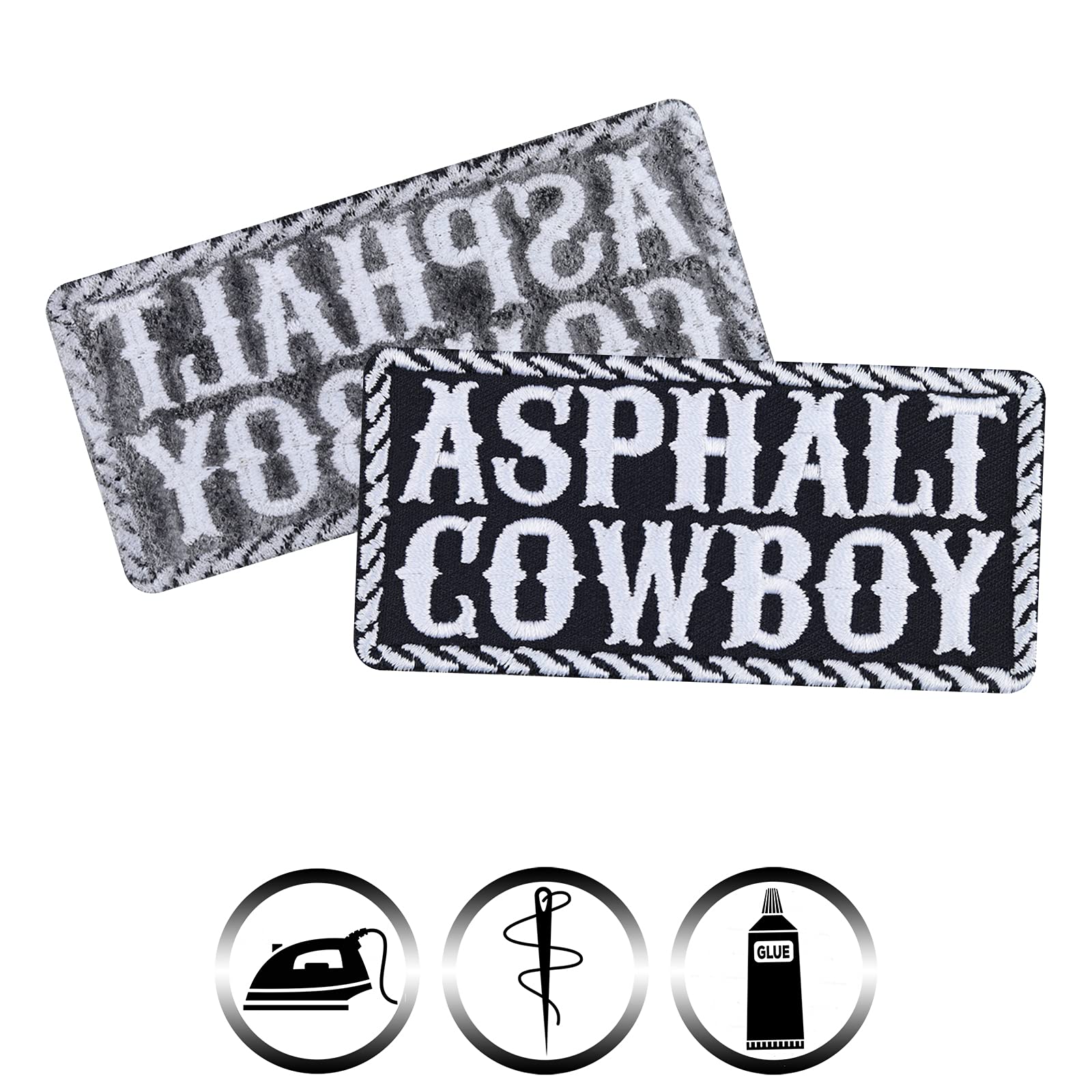 Asphalt Cowboy Iron On & Sew On Biker Patches for Jackets, Jeans, Backpacks - 3.54x1.77 Inch Motorcycle Club Patches for Bikers, Lady Riders & Music Fans - Perfect for Customizing Denim Vests, Leather Jackets & Riding Gear