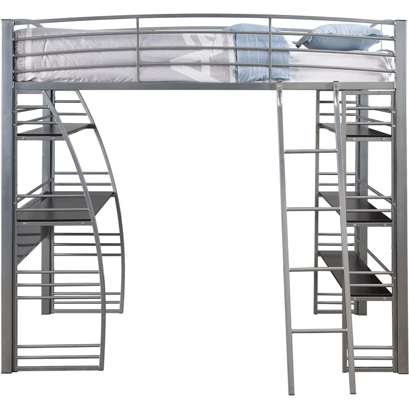 Pilaster Designs Burruss Twin Size Metal Loft Bed with Built-in Desk & Storage Shelves - Space-Saving Silver Bed Frame for Kids, Teens & Small Rooms - Perfect for Dorm, Apartment & Studio Living