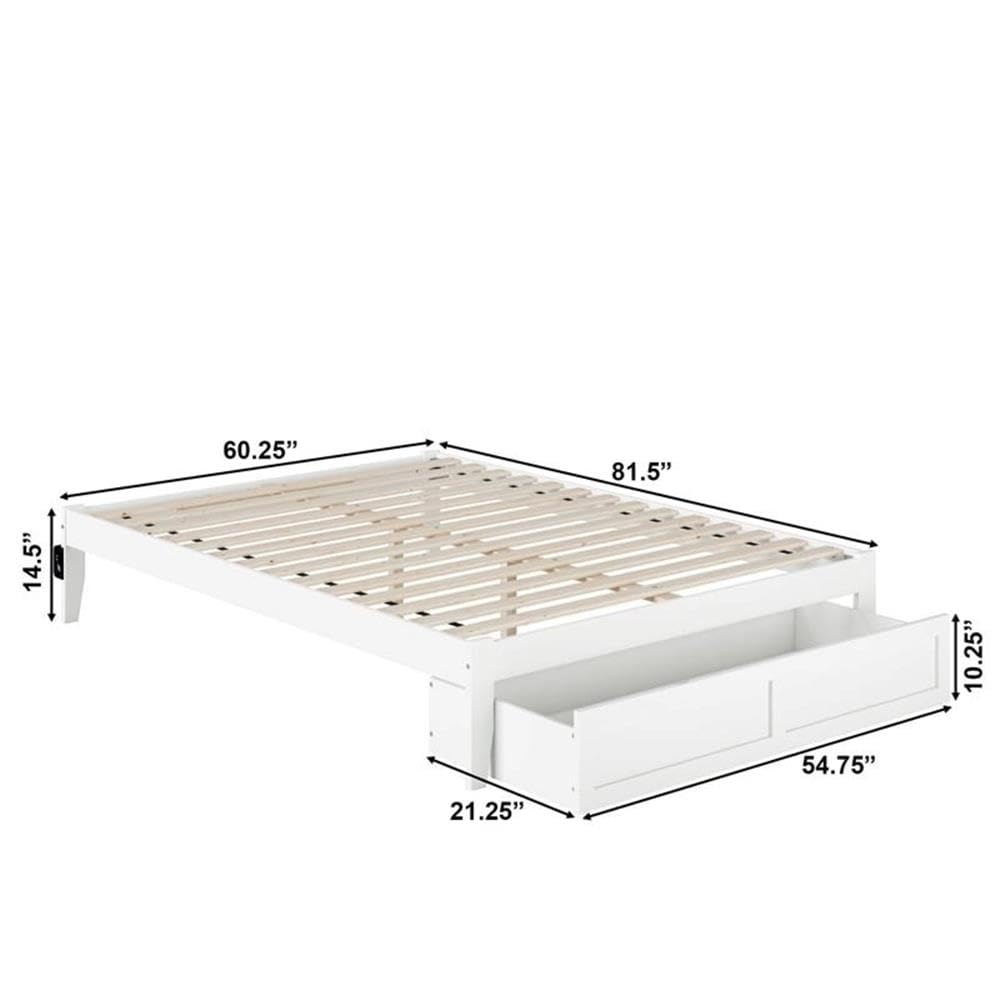 BOWERY HILL Modern Solid Wood Queen Bed with Foot Drawer in White - Stylish Storage Bed Frame for Small Bedrooms & Guest Rooms