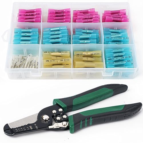 220PCS Marine Grade Heat Shrink Butt Connectors Kit with Wire Crimper - Waterproof Insulated Crimp Splice Connectors for Automotive, Boat & Truck Wiring - Perfect for DIY Electrical Repairs & Marine Applications