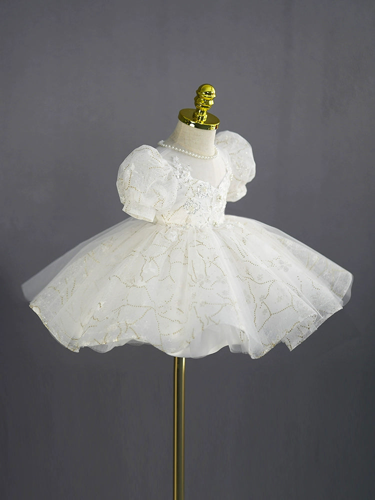 White Princess Sweetheart Tea-Length Tulle Flower Girl Dress for Weddings, First Communion & Special Occasions
