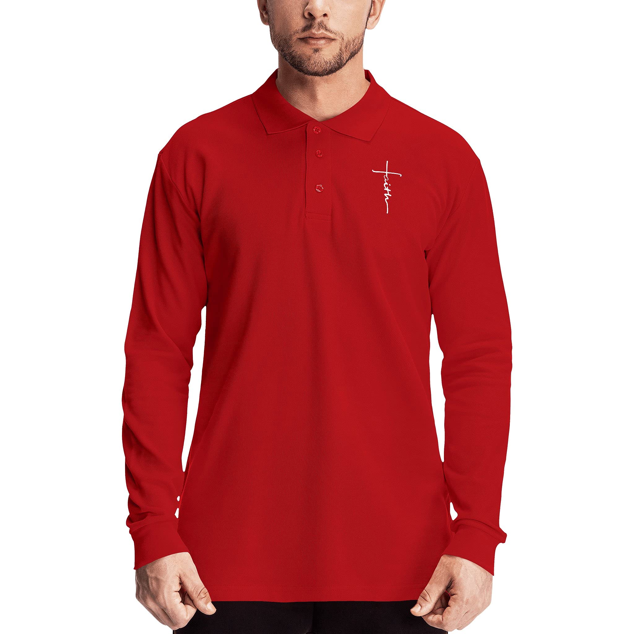 Cross Faith Jesus Cotton Polo T-Shirts for Men - Religious Christian Long Sleeve Summer Shirts - Perfect for Church Services, Bible Study & Christian Events