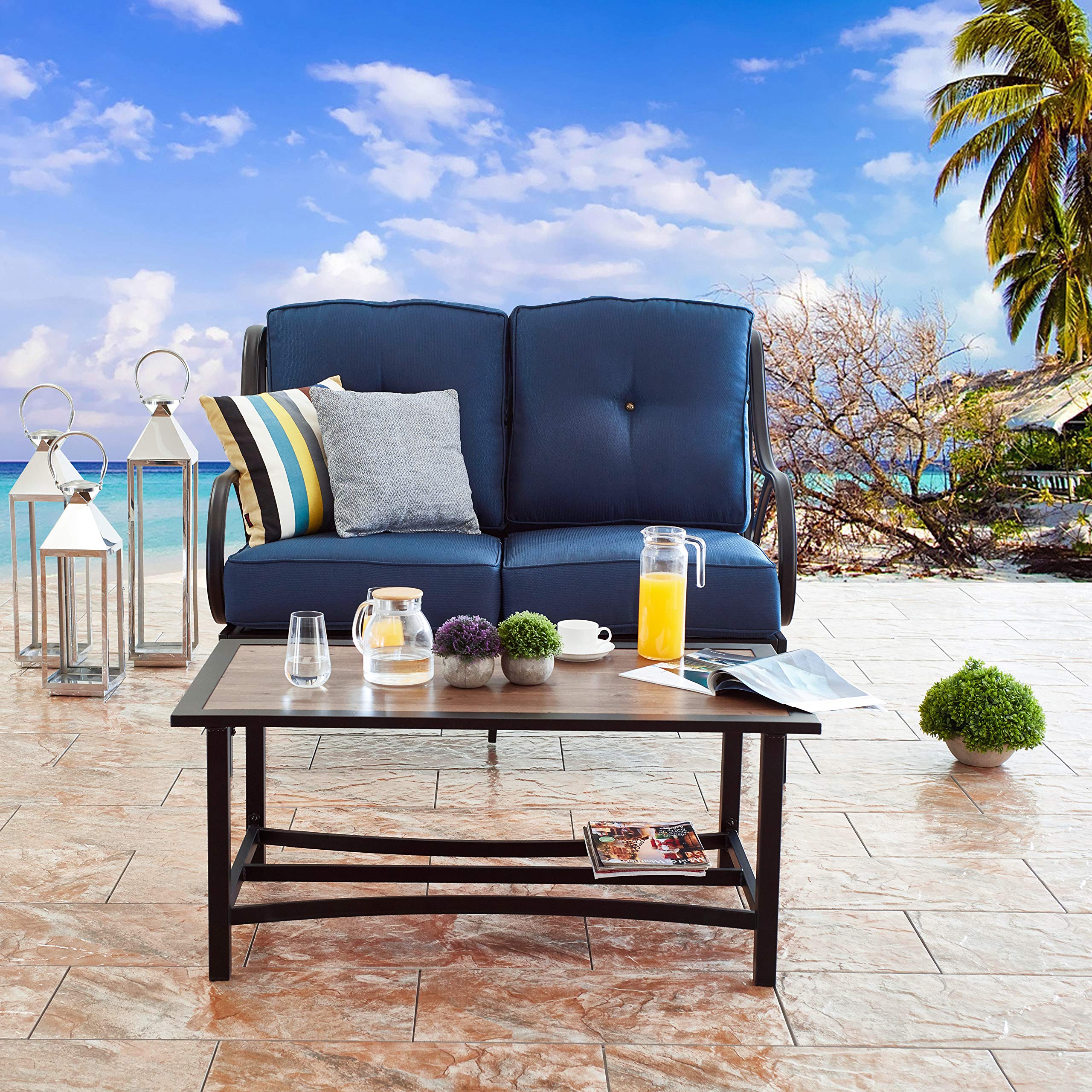 Modern Outdoor Loveseat Set with Coffee Table - 2-Piece Patio Furniture with Cushions, Metal Frame & Aluminum-Plastic Table - Perfect for Front Porch, Garden, Poolside & Backyard Relaxation (Blue)
