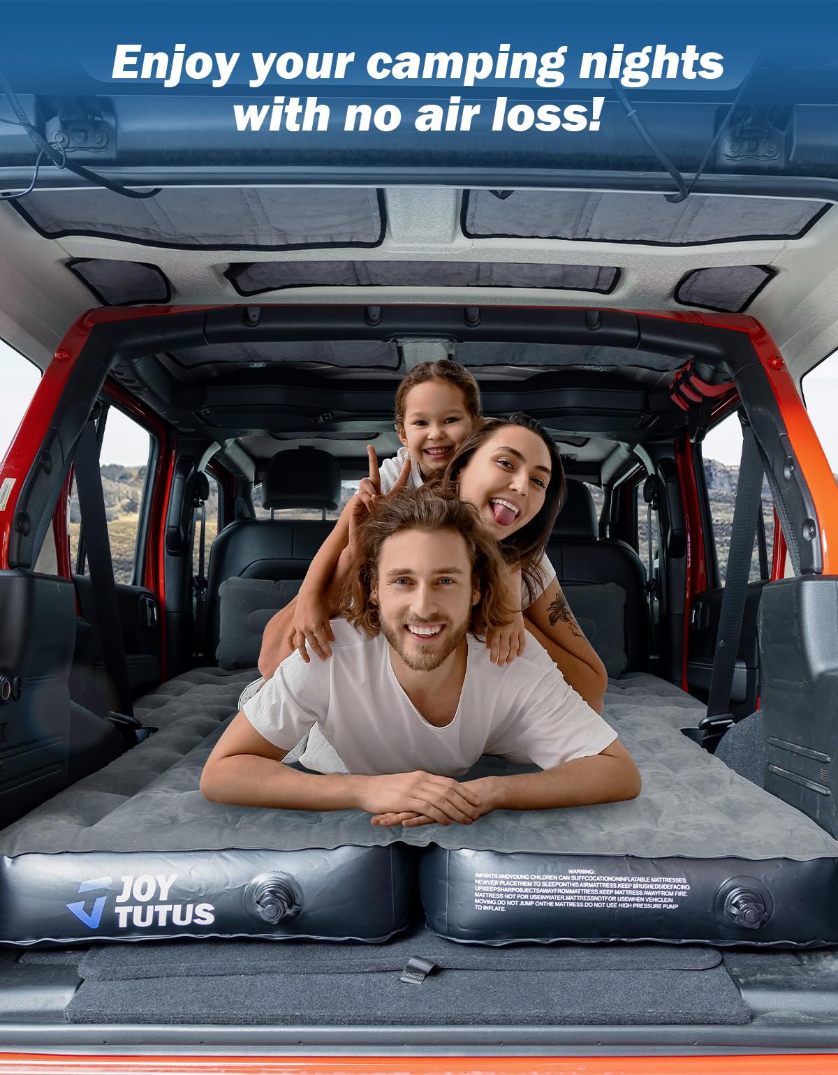 JOYTUTUS SUV Air Mattress for Camping - Inflatable Car Mattress with Built-in Air Pump, Fits 2018-2025 Jeep Wrangler JL 4-Door & Ford Bronco (Excludes 4XE) - Includes 2 Pillows, Dark Grey - Perfect for Road Trips, Outdoor Adventures & Car Camping