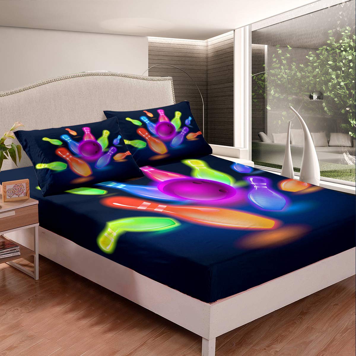 Colorful Bowling Game Navy Blue Microfiber Bed Sheet Set - Soft Brushed Full Size 3-Piece Set (Fitted Sheet + 2 Pillowcases) - Deep Pocket for Hip Hop Style Bedroom Decor - Perfect for Teens, Dorm Rooms & Game Themed Bedrooms