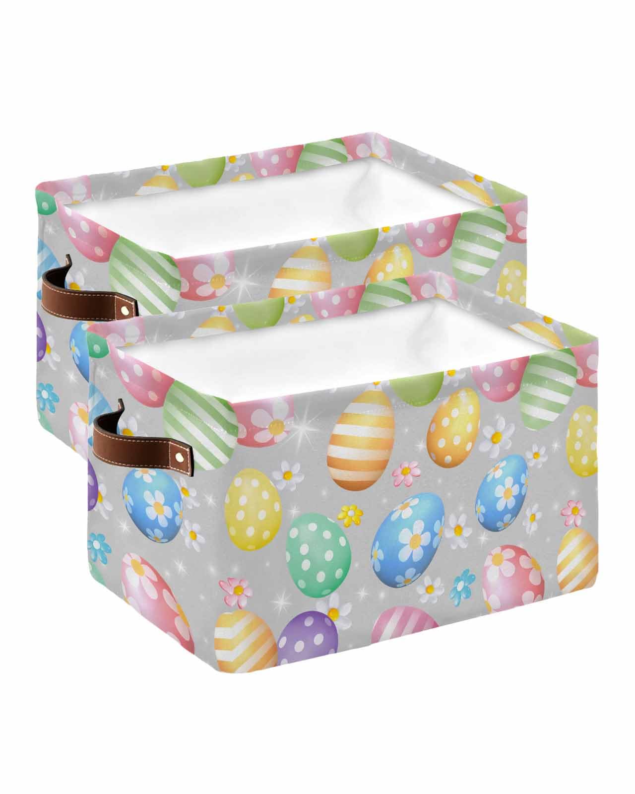2 Pack Collapsible Storage Baskets with Handles - Easter Themed Colorful Seamless Egg Design, Blossom Floral on Gray - Perfect for Nursery Toys, Laundry, Closet Organization & Home Decor Storage Solutions