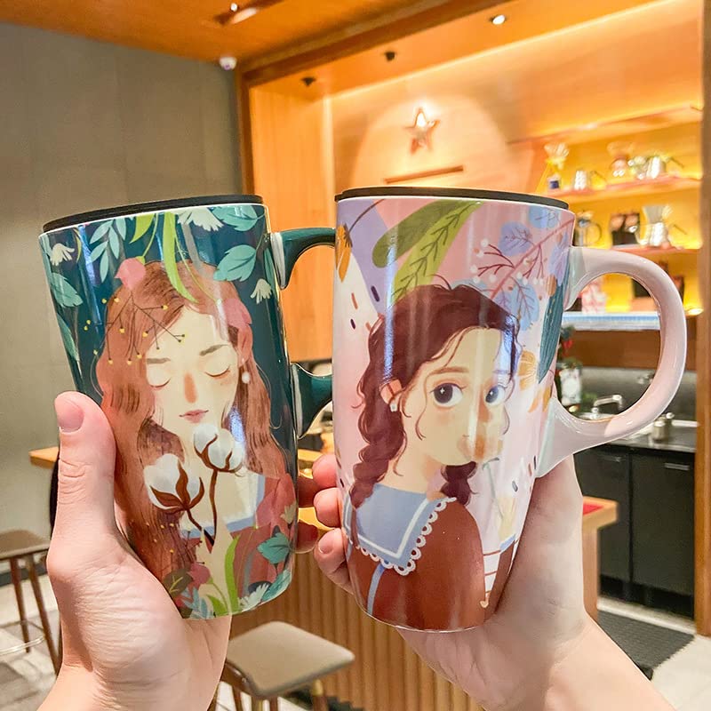 Forest Girl Ceramic Coffee Mug with Lid - Cute Cartoon Painting Design for Tea, Milk & Hot Drinks - Perfect Birthday Gift for Home & Office Use (Green)