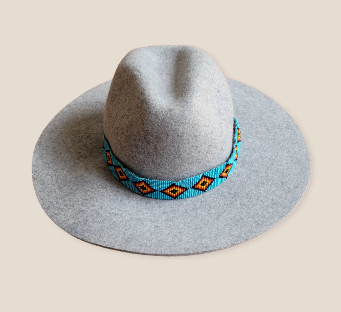 Hand Beaded Seed Hat Band - Rhombus Blue Hat Band for Cowboy Hats, Western Fashion & Outdoor Events