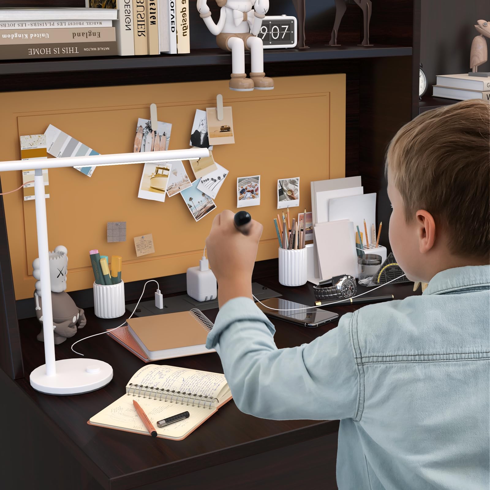 Kids Study Desk with Drawers & Storage Shelf - Espresso Wooden Computer Desk & Chair Set for Children Ages 5-12 - Study Table with USB Charging Station - Perfect for Homework, Online Learning & Bedroom Organization