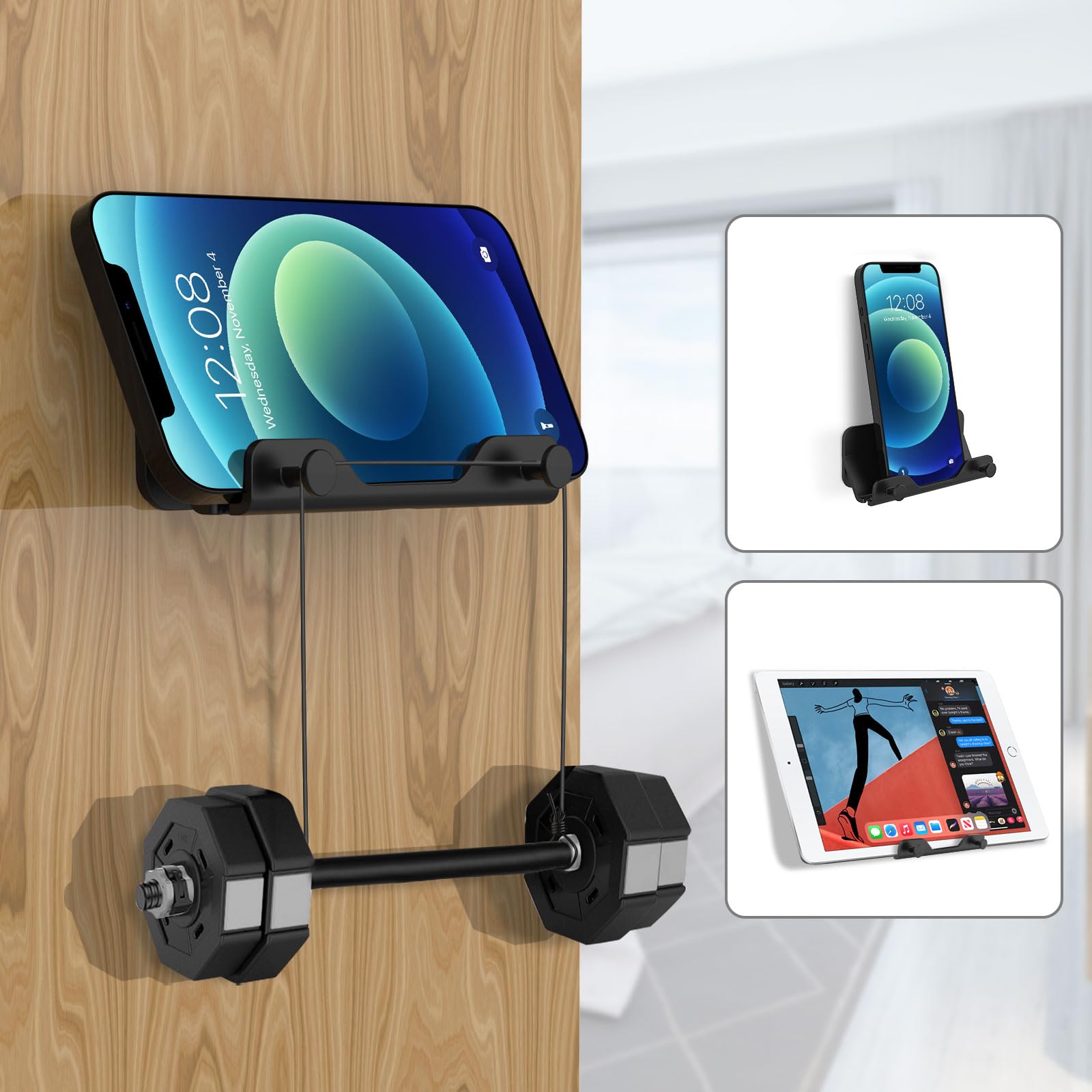 HomeMount Wall Mount Phone Holder - Hands Free Adhesive Phone Stand for Bedroom, Living Room, Kitchen | Universal Compatible with All Smartphones & Mini iPads (Black) - Perfect for Nightstand, Work Desk, Bathroom & Car Use