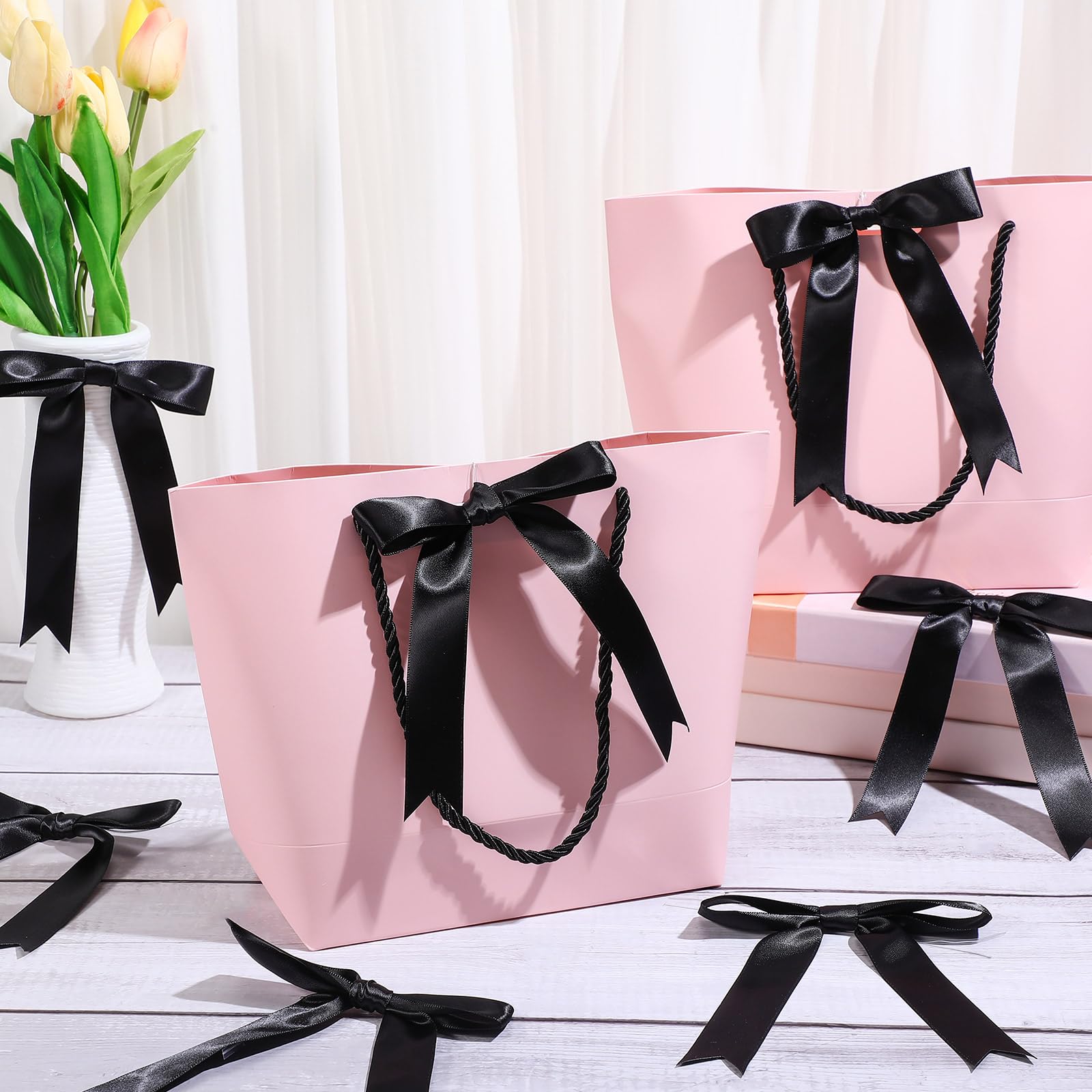 50 Pcs Large 5x7 Inch Satin Ribbon Bows for Gift Wrapping - Twist Tie Bows for Champagne Bottles, Cake Decorating, Treat Bags, DIY Crafts, Wedding, Baby Shower, Bridal Shower, Christmas & Birthday Party Decorations (Black) | Elegant Gift Packaging Accessories for Special Occasions