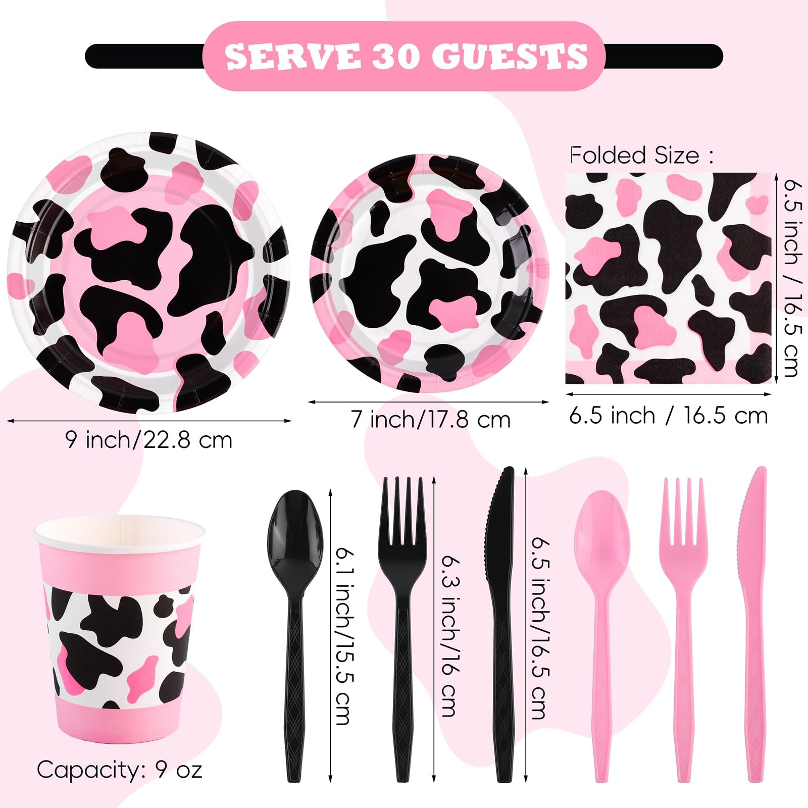 210-Piece Pink Cow Print Tableware Set - Plates, Cups, Napkins, Forks, Spoons & Knives for Cowgirl Party, Baby Shower, Farm Birthday - Serve 30 Guests - Perfect for Western Themed Events, Kids Birthday Parties & Farmhouse Decorations