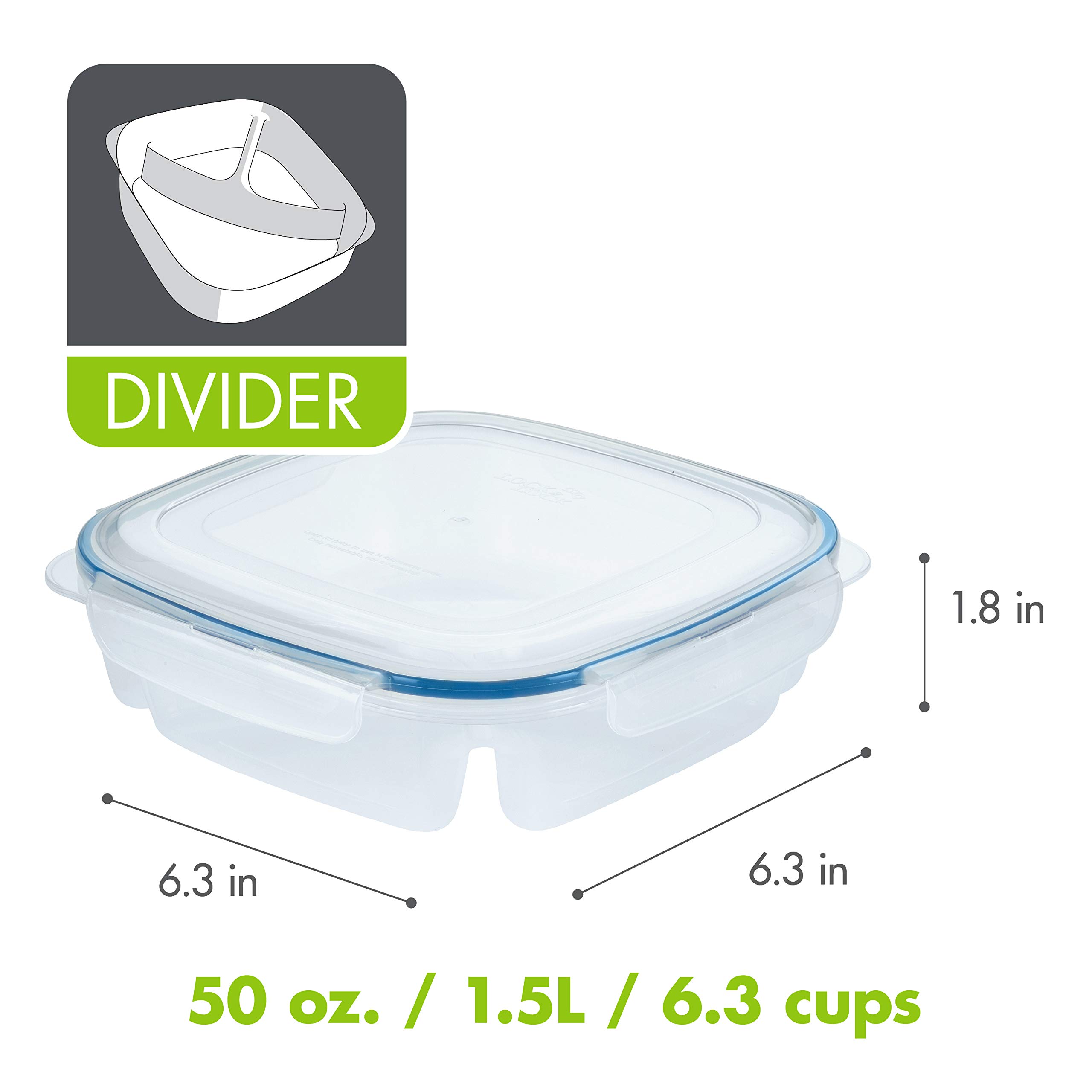 LocknLock 50-Ounce 3-Compartment Square Lunch Box - BPA-Free Food Storage Container for Meal Prep, Office Lunch & Picnics - Clear Plastic Divided Container for On-the-Go Meals