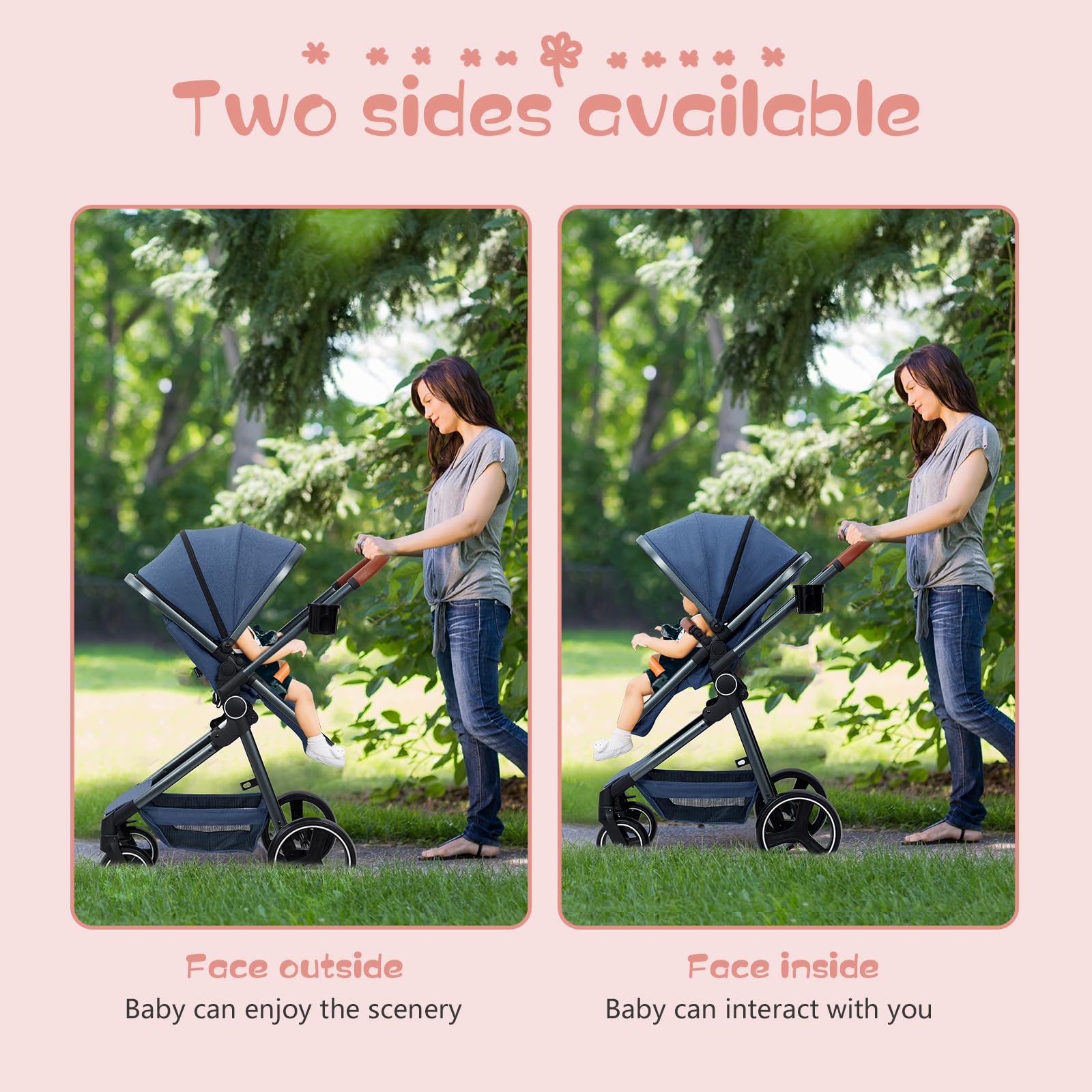 3-in-1 Convertible Baby Stroller | Reversible Bassinet for Newborn to Toddler | Adjustable Canopy & Windproof Foot Cover | Foldable Travel Pram with 5-Point Safety Harness (Blue) - Perfect for City Walks, Park Visits & Family Outings