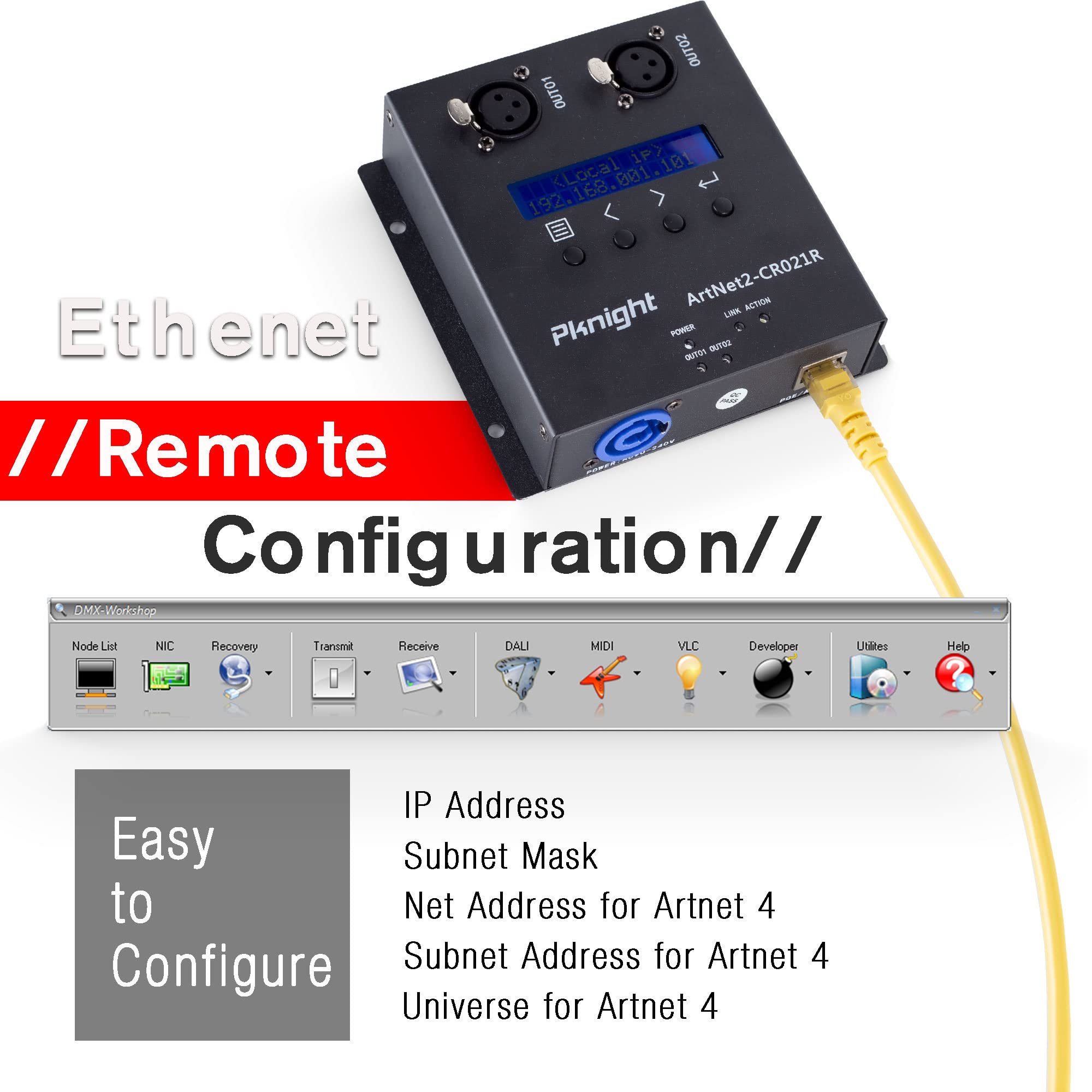 ArtNet DMX 1024 Ethernet Lighting Controller - 2 Universe, Truss Mountable, PoE Powered (CR021R) for Stage Lighting, DJ Shows & Theater Productions