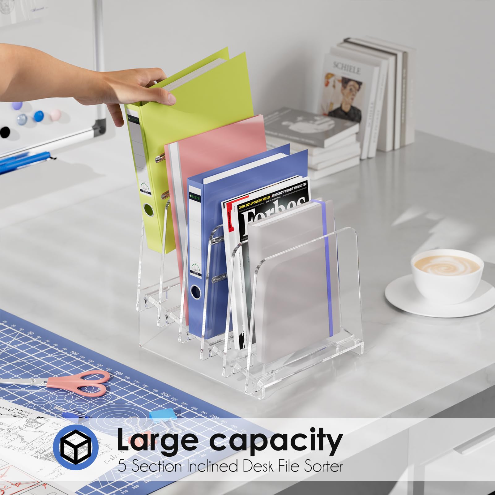 MaxGear 5-Section Clear Acrylic Vertical Desk File Organizer - Inclined Document Holder for Office, School & Home - Perfect for Bills, Letters, Notebooks and Office Supplies Organization