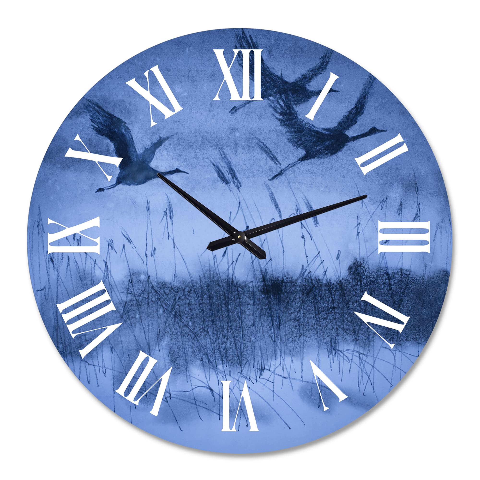 DesignQ Traditional Large Wall Clock - 'Cranes in Flight During Dark Blue Evening Light' - Elegant Animal-Themed Wall Clock for Home, Office & Living Room Decor - Perfect for Bedroom, Study, or Workspace