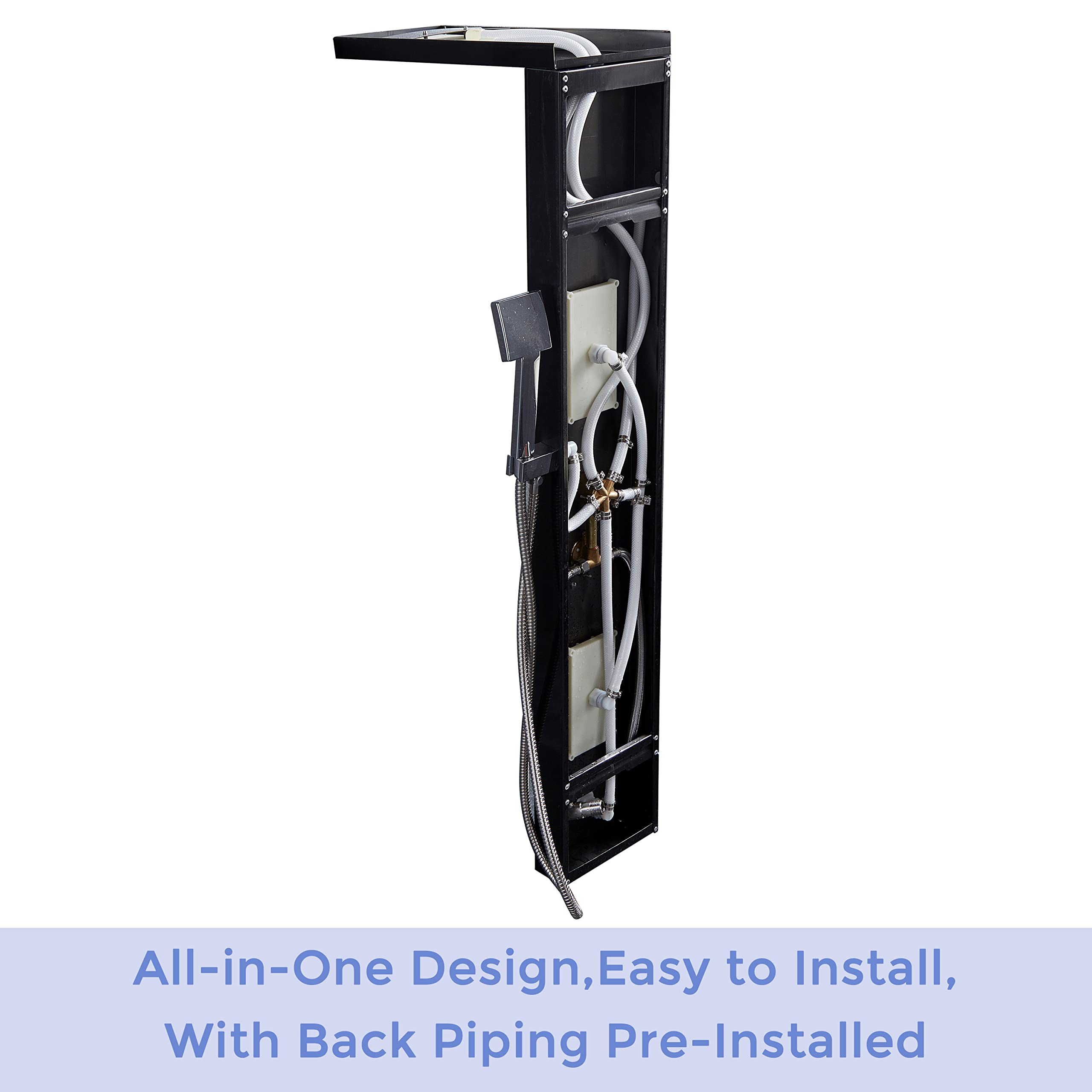 Delavin Multi-Function Shower Panel System - Stainless Steel Rainfall & Waterfall Shower Tower with Body Jets, Tub Spout & Handheld Shower | Brushed Black Finish | Perfect for Luxury Bathroom Renovation & Spa-Like Shower Experience