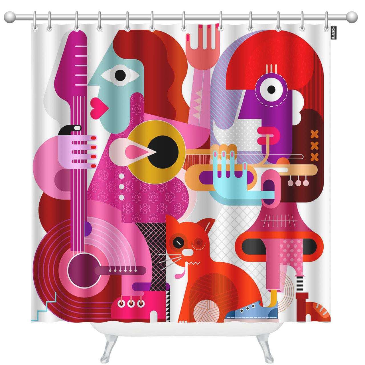 Stylish HOSNYE Cat & Female Shower Curtain Set - 72x78 Inch Bathroom Decor with 12 Hooks, Guitar & Trumpet Design - Perfect for Modern Bathrooms, Cat Lovers & Music Enthusiasts