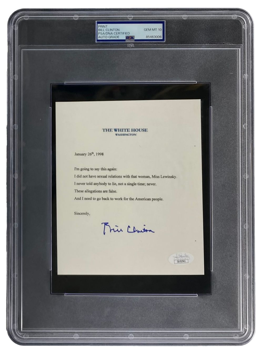 Bill Clinton Autographed Mock White House Statement Letter - Monica Lewinsky Scandal PSA GEM MT 10 - Perfect for Political Memorabilia Collectors & History Enthusiasts