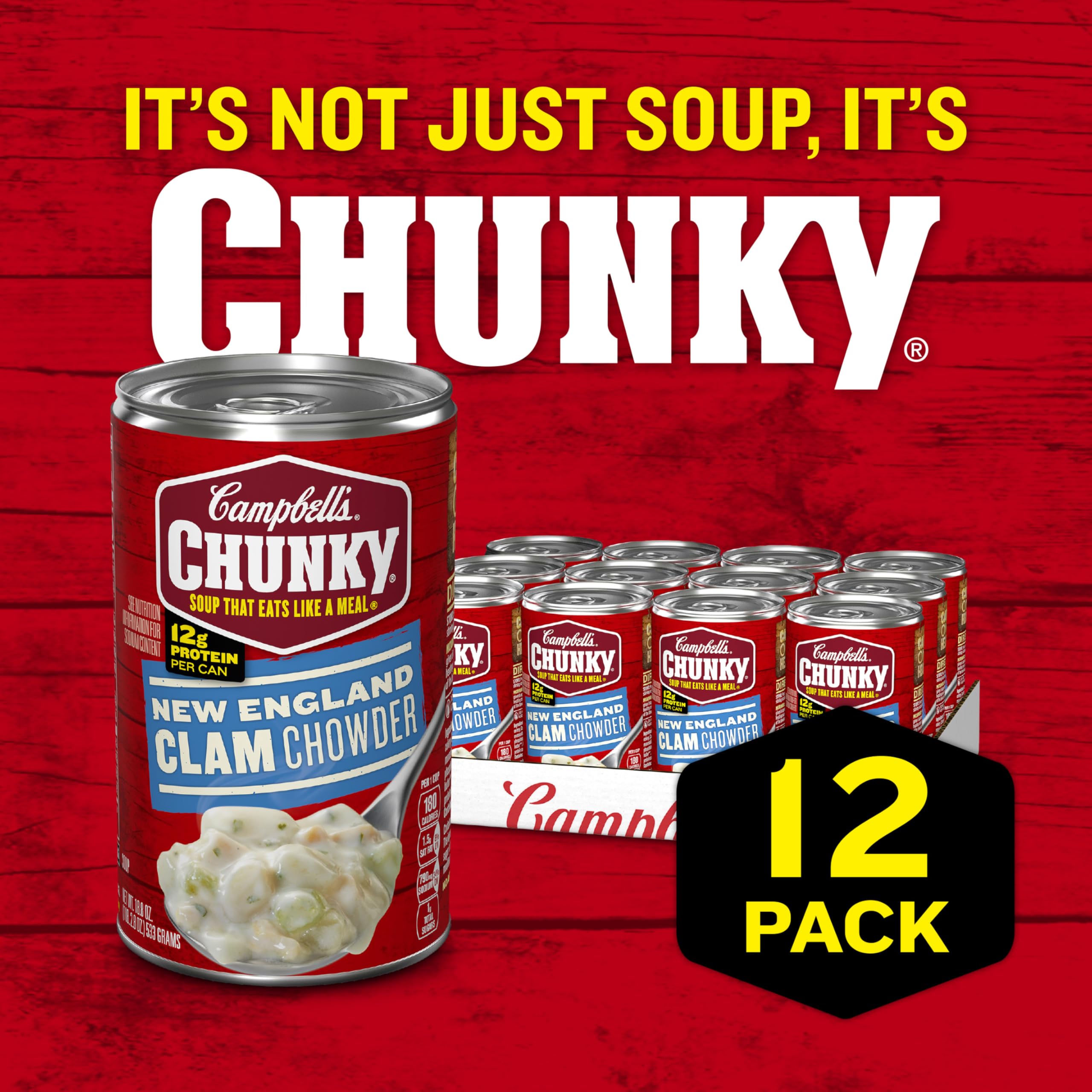 Campbell's Chunky New England Clam Chowder Soup - 18.8 oz Cans (Pack of 12) | Hearty Comfort Food for Cold Days & Quick Meals