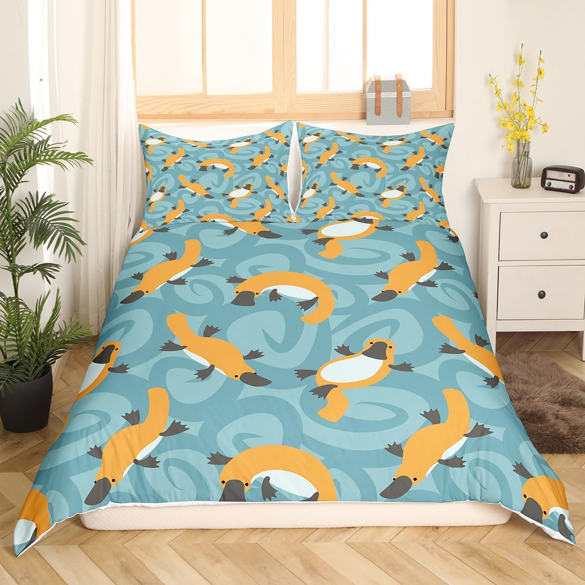 Funny Platypus Comforter Cover Twin Size - Cute Cartoon Animal Duvet Cover Set for Kids, Boys & Girls - 2PCS Abstract Art Bedding with Playful Platypus Design - Perfect for Teens' Room Decor, Birthday Gifts & Cozy Bedroom Makeover