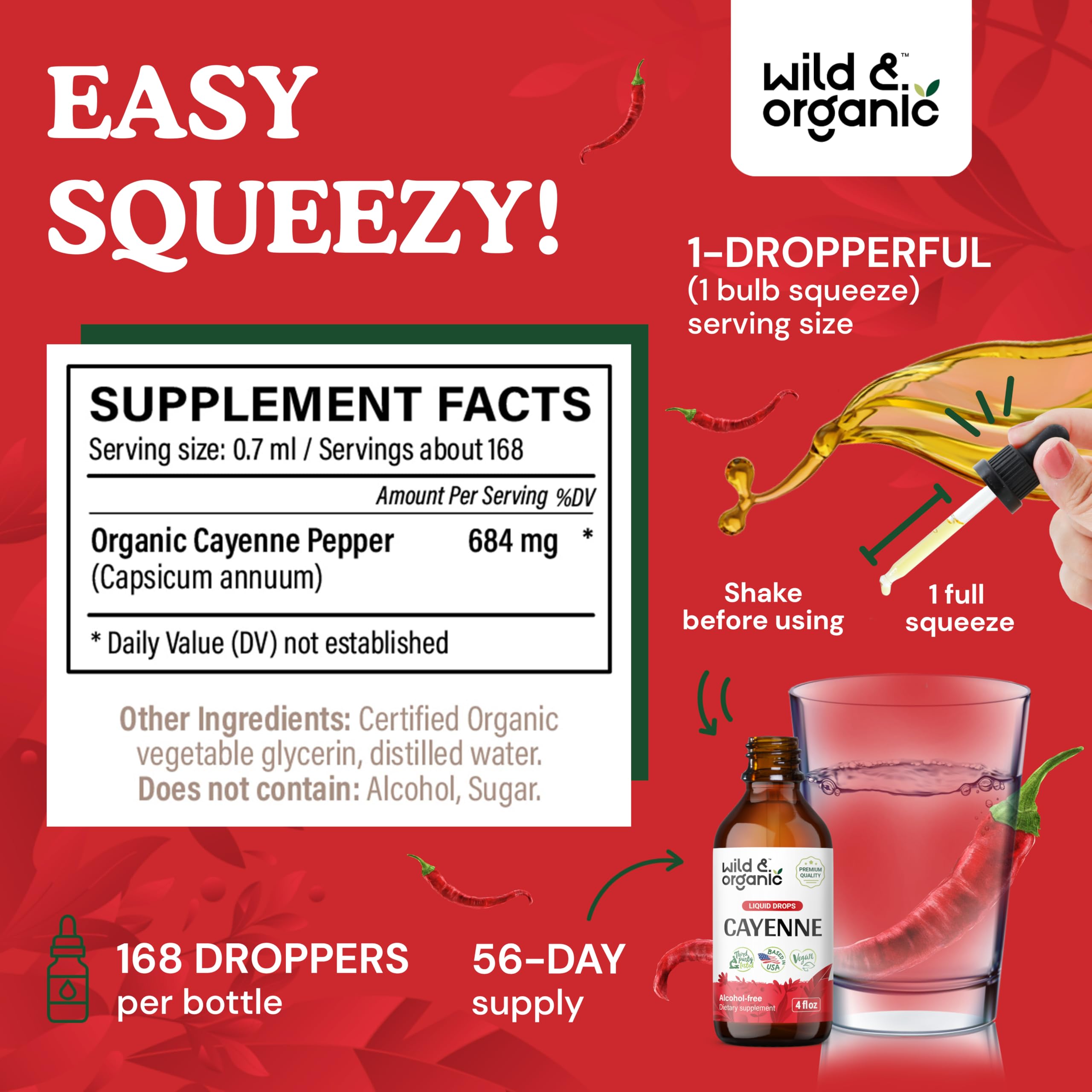 Wild & Organic Cayenne Pepper Tincture - Digestive Support with Capsaicin Extract - Vegan Liquid Drops for Immune & Circulation Boost - Sugar-Free, Alcohol-Free Supplement (4 fl oz) - Perfect for Cooking, Detox & Wellness Routines