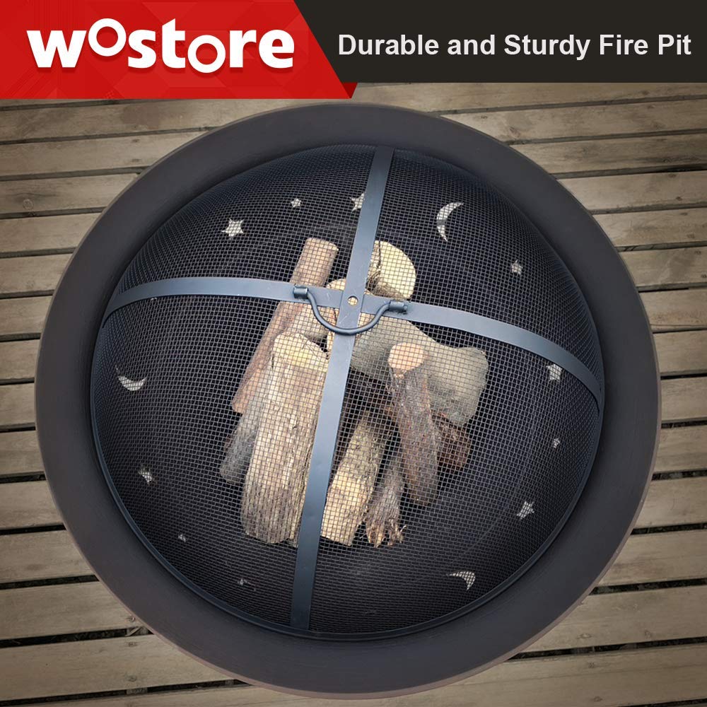 Wostore 29 Inch Large Outdoor Fire Pit - Heavy Duty Cast Iron Bonfire Pit with Spark Screen, Grate & Poker for Patio, Backyard, Camping & BBQ Gatherings