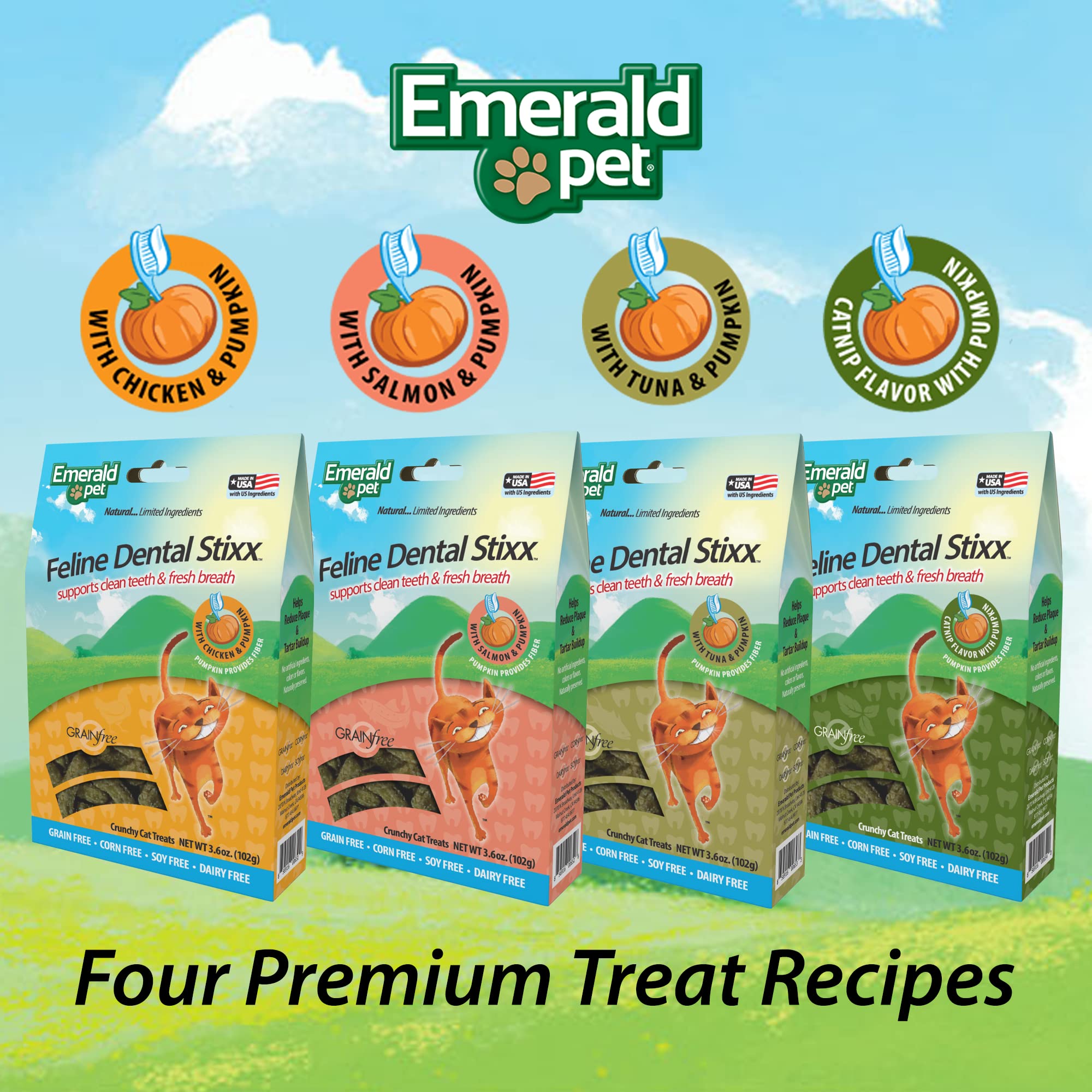Emerald Pet Feline Dental Stixx - Grain Free Cat Dental Treats with Pumpkin for Digestive Health & Fresh Breath - Crunchy Chicken Flavor Dental Sticks for Clean Teeth - 3.6 oz - Perfect for Daily Oral Care & Playtime Rewards