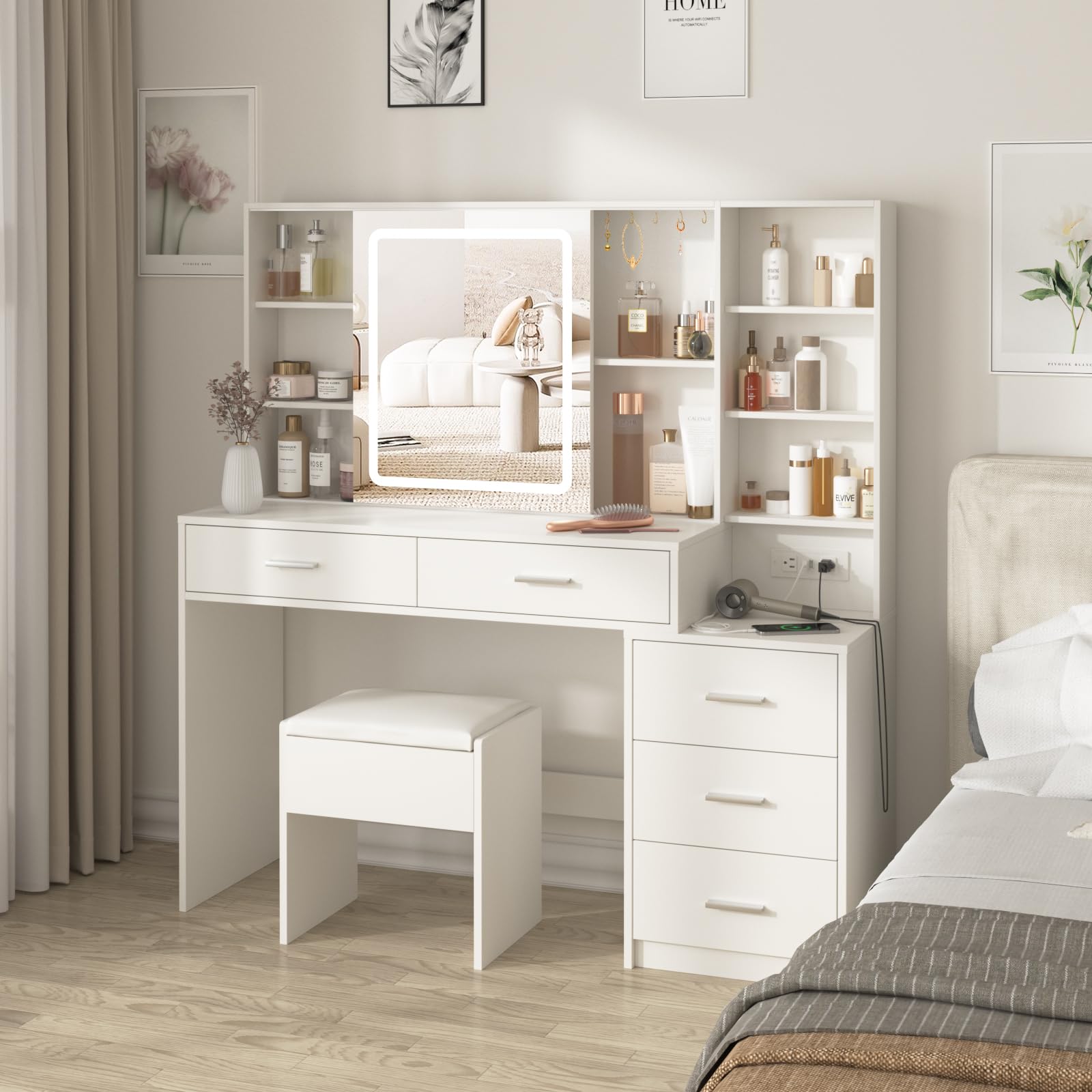 Fameill Makeup Vanity Desk with Sliding Mirror & 3-Color LED Lights, Vanity Table Set with Chair, 5 Drawers & Hooks, USB Charging Station - Perfect for Bedroom, Dressing Room & Home Salon (White)