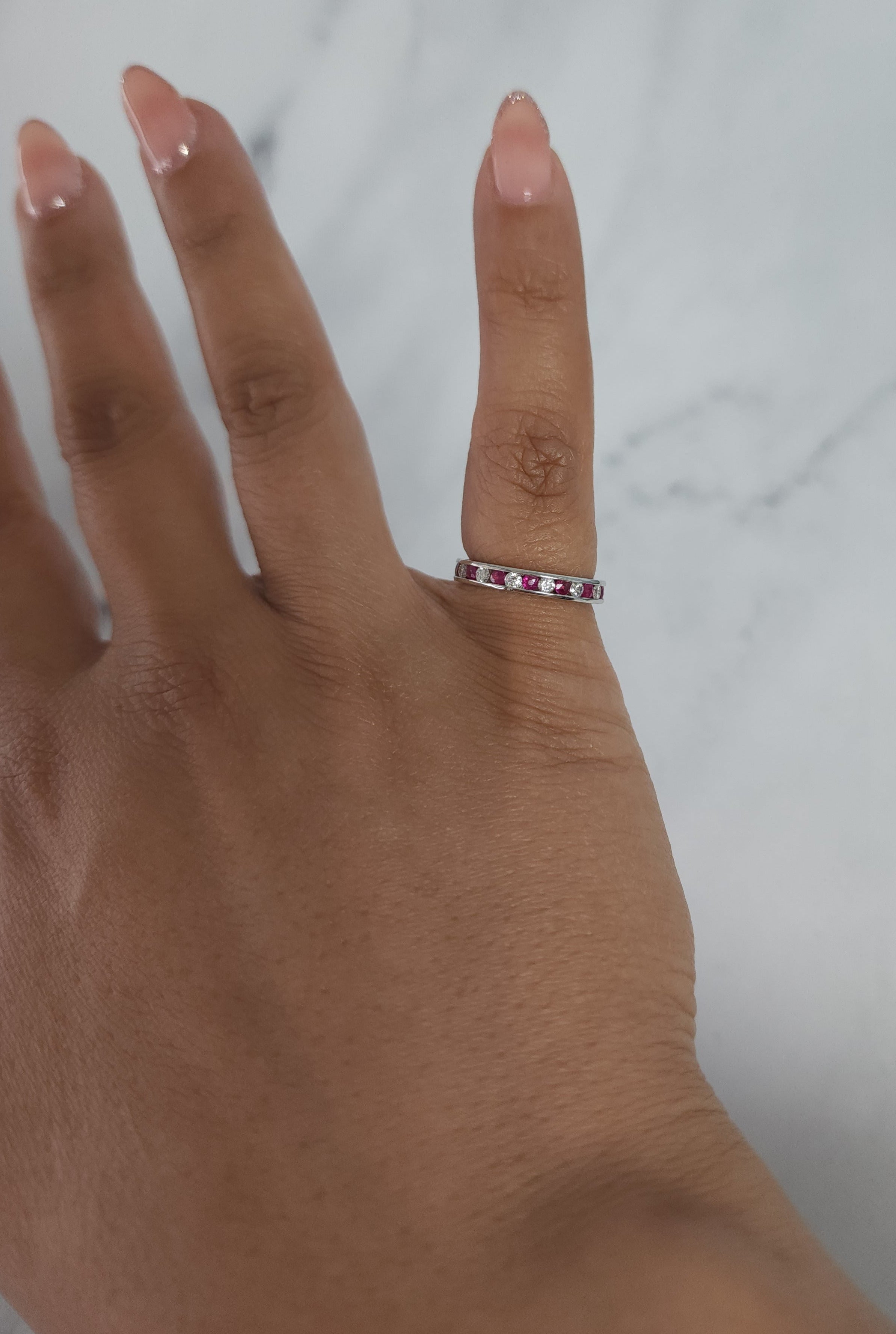 1.00cttw Eternity Diamond & Ruby Wedding Band in 14k White Gold - Perfect for Anniversaries, Engagements, and Bridal Jewelry Gifts