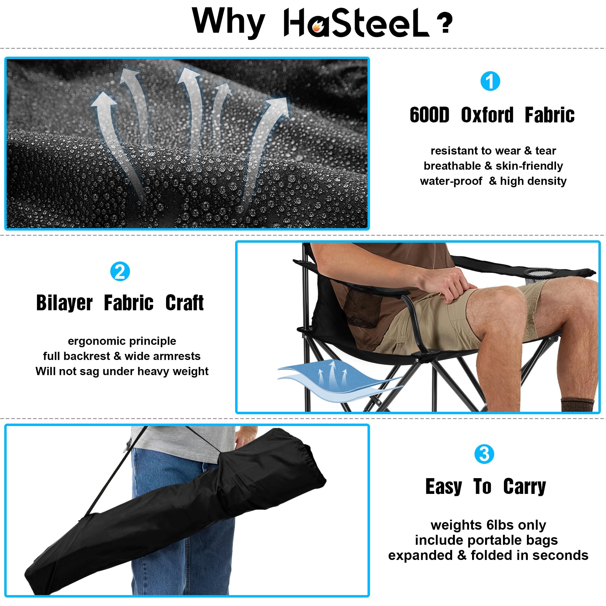 HaSteeL 2-Pack Foldable Camping Chairs for Adults - Heavy Duty 275lbs Capacity Portable Folding Lawn Chairs with Storage Bags - Perfect for Outdoor Camping, Fishing, Hiking, Beach, Picnic & Travel (Black)