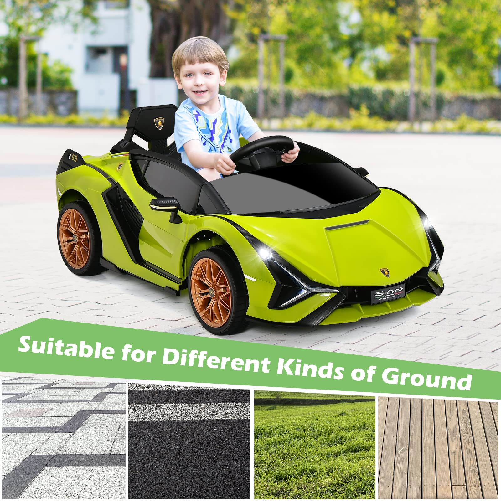 INFANS 12V Licensed Lamborghini Sian Kids Electric Ride-On Car with Parent Remote Control - Spring Suspension, MP3 Player & Carbon Fiber Texture - Green Toddler Toy Roadster for Indoor/Outdoor Play & Birthday Gifts