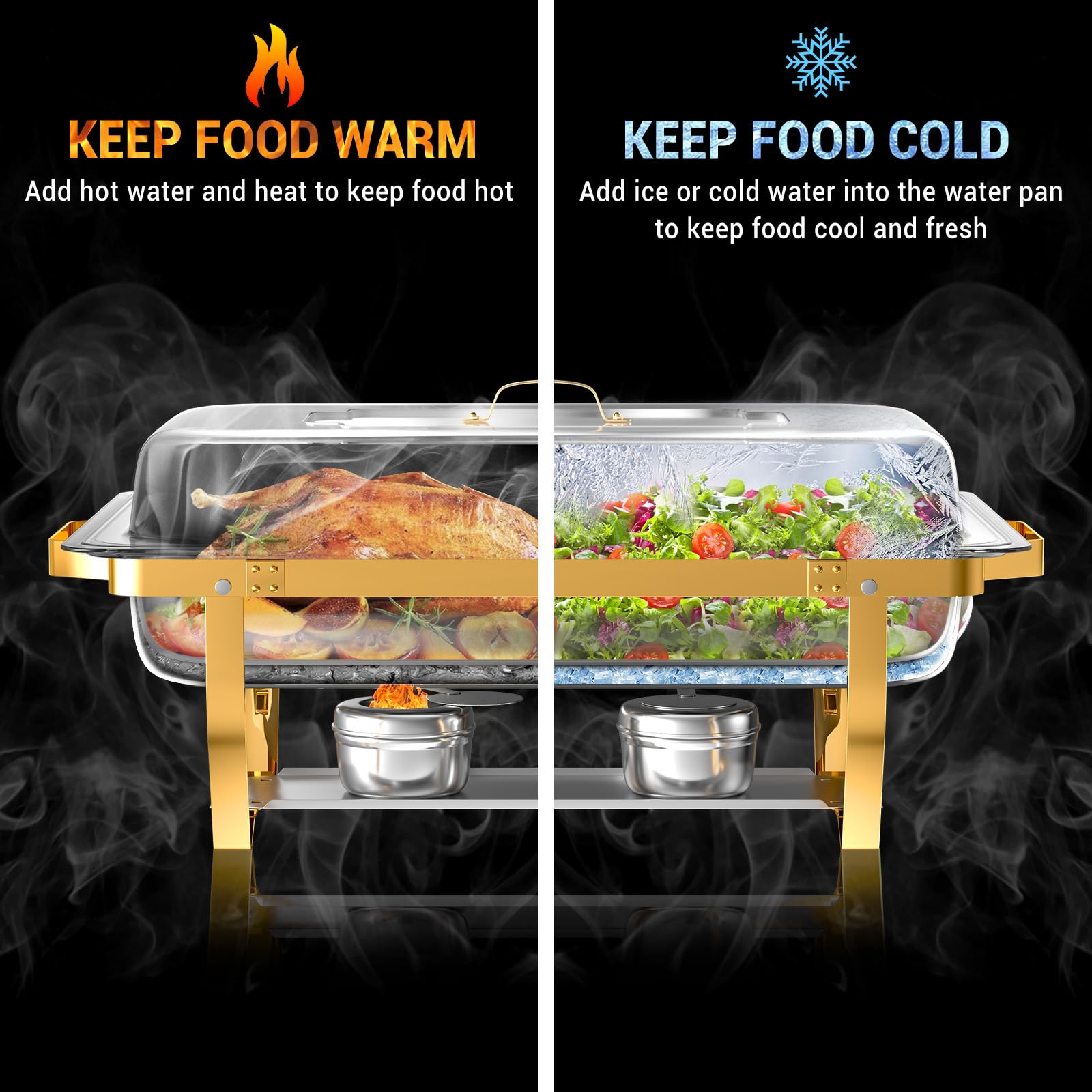 8 Qt Premium Stainless Steel Chafing Dish Buffet Set - 4 Pack with 7 Pans, Rolled-Edge Design for Food Warming - Perfect for Parties, Weddings, Catering, Camping & Outdoor Events (Half Gold Finish)