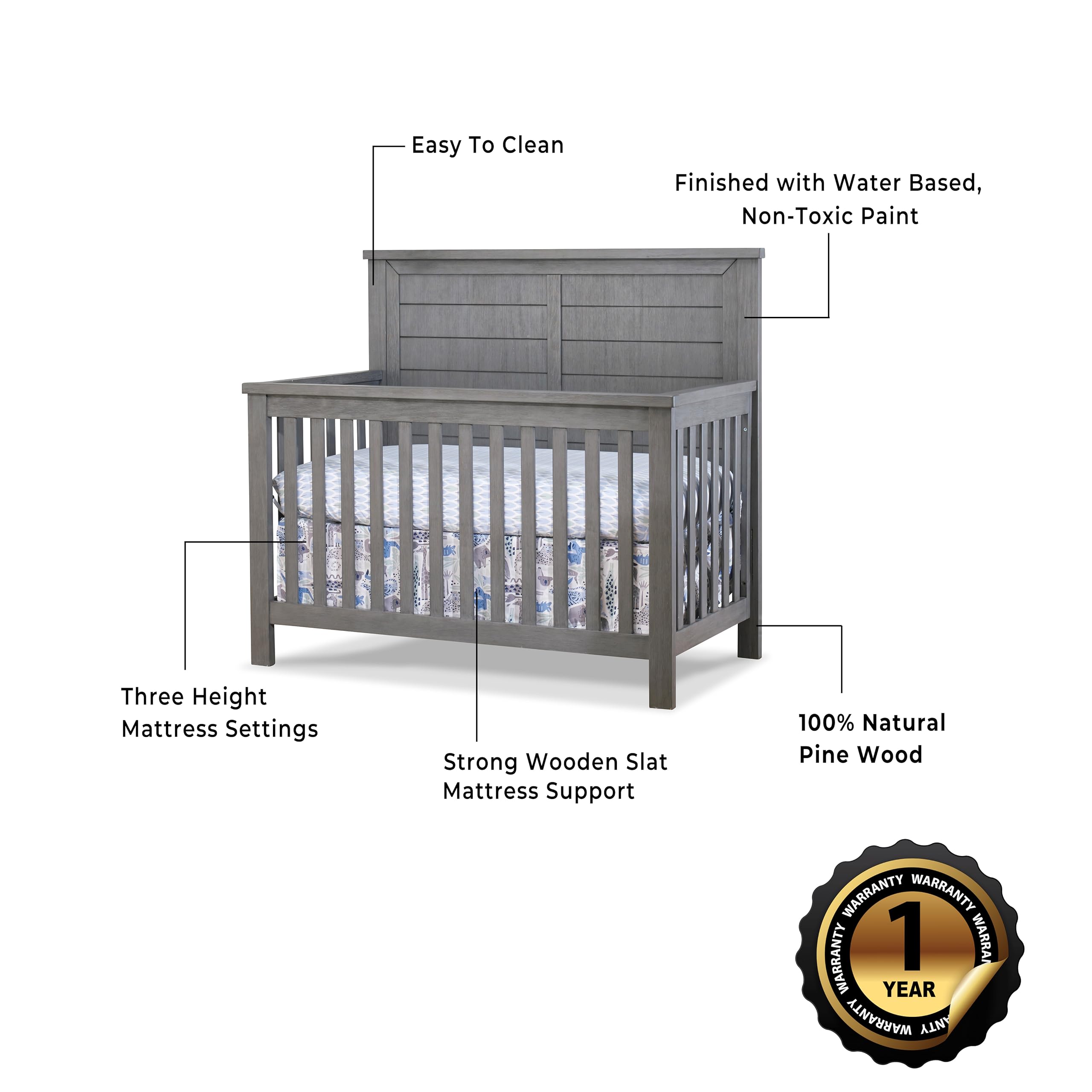 Sorelle Furniture Westley 4-in-1 Convertible Baby Crib - Classic Wooden Crib with Non-Toxic Finish | Toddler Bed & Daybed Conversion | Safe Nursery Furniture for Newborns & Kids (Grigio) - Perfect for Modern Nurseries & Children's Bedrooms