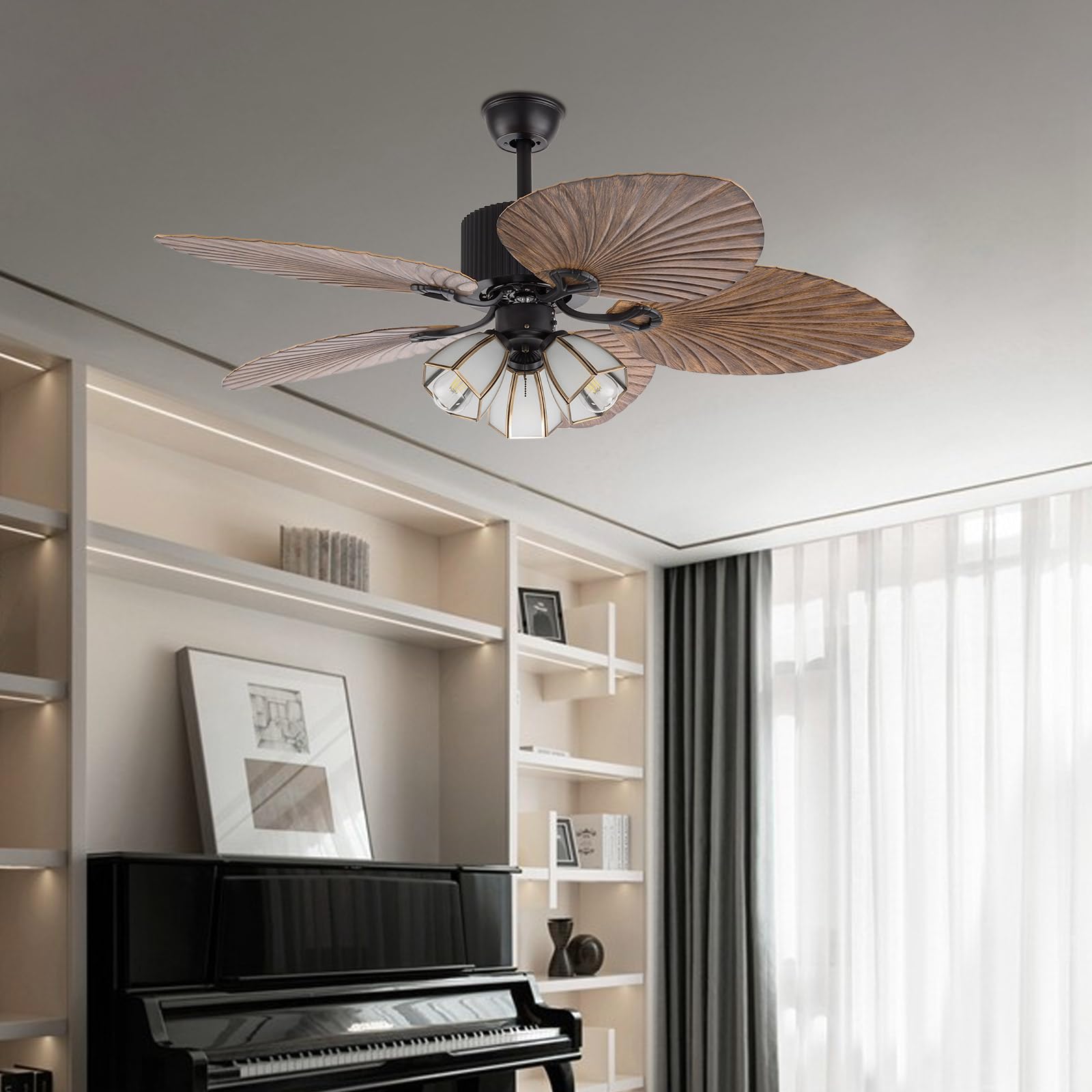 52 Inch Tropical Ceiling Fan with Lights - 5 Reversible Palm Leaf Blades, 3 Speed Settings, Remote Control - Indoor/Outdoor Ceiling Fan for Living Room, Bedroom, Patio, Restaurant & Beach House Decor