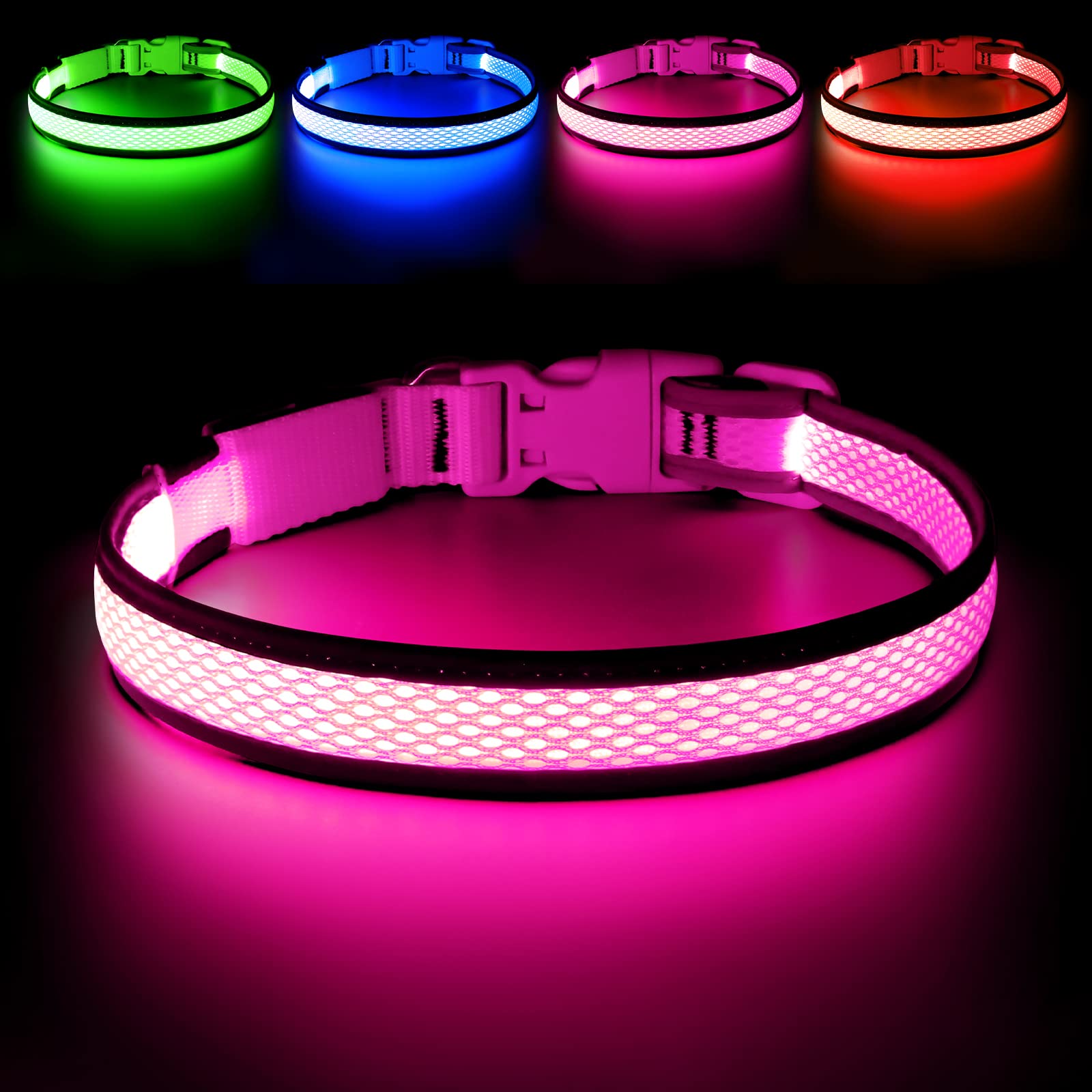 Flashseen LED Dog Collar - USB Rechargeable Light Up Safety Collar with Adjustable Soft Mesh for Small Medium Large Dogs (Large, Candy Pink) - Perfect for Night Walks, Jogging & Outdoor Adventures