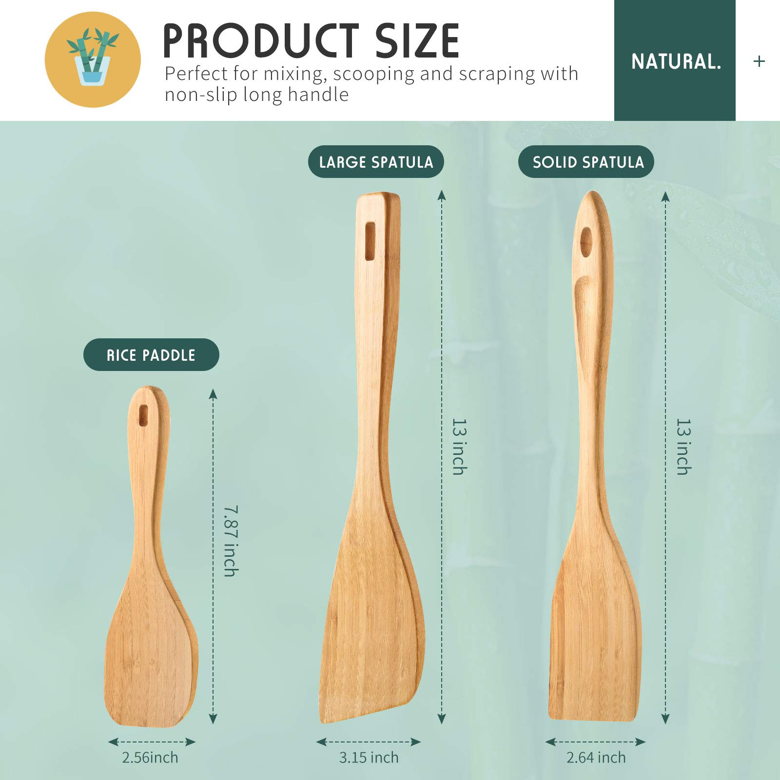 Patelai 3-Piece Bamboo Cooking Utensil Set - Heat-Resistant Spatula, Turner & Spoon for Nonstick Cookware | Eco-Friendly Kitchen Tools for Stir-Frying, Flipping & Serving | Perfect for Woks, Pans & Everyday Cooking
