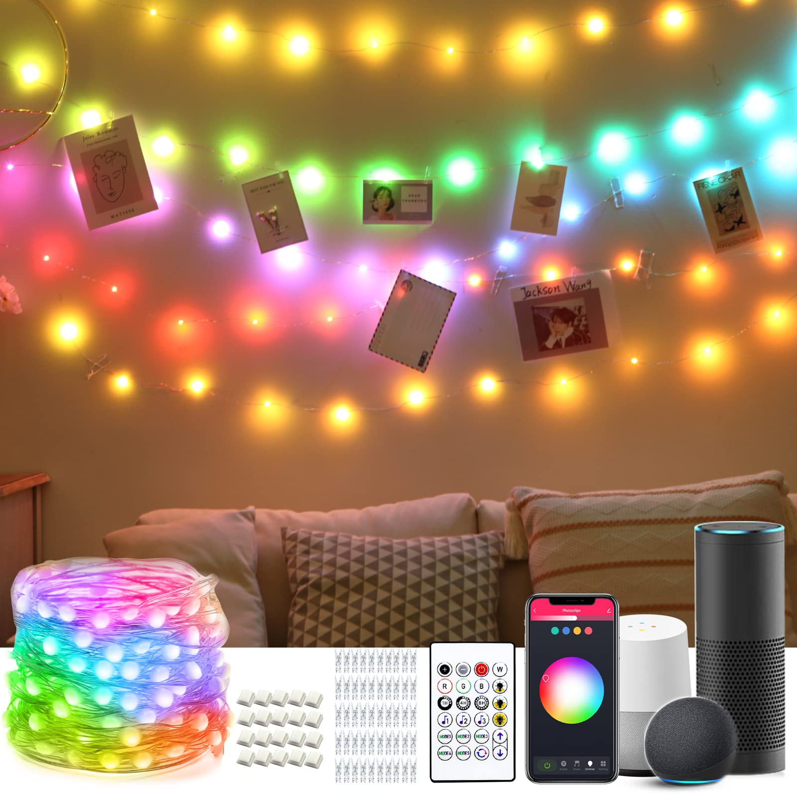 33ft 50 Photo Clips Smart Fairy Lights - Alexa, Google Home & Siri Compatible LED String Lights with Voice Control, APP & Remote, RGB Color Changing & Music Sync for Bedroom, Wall Decor, Christmas Party & Wedding Decorations