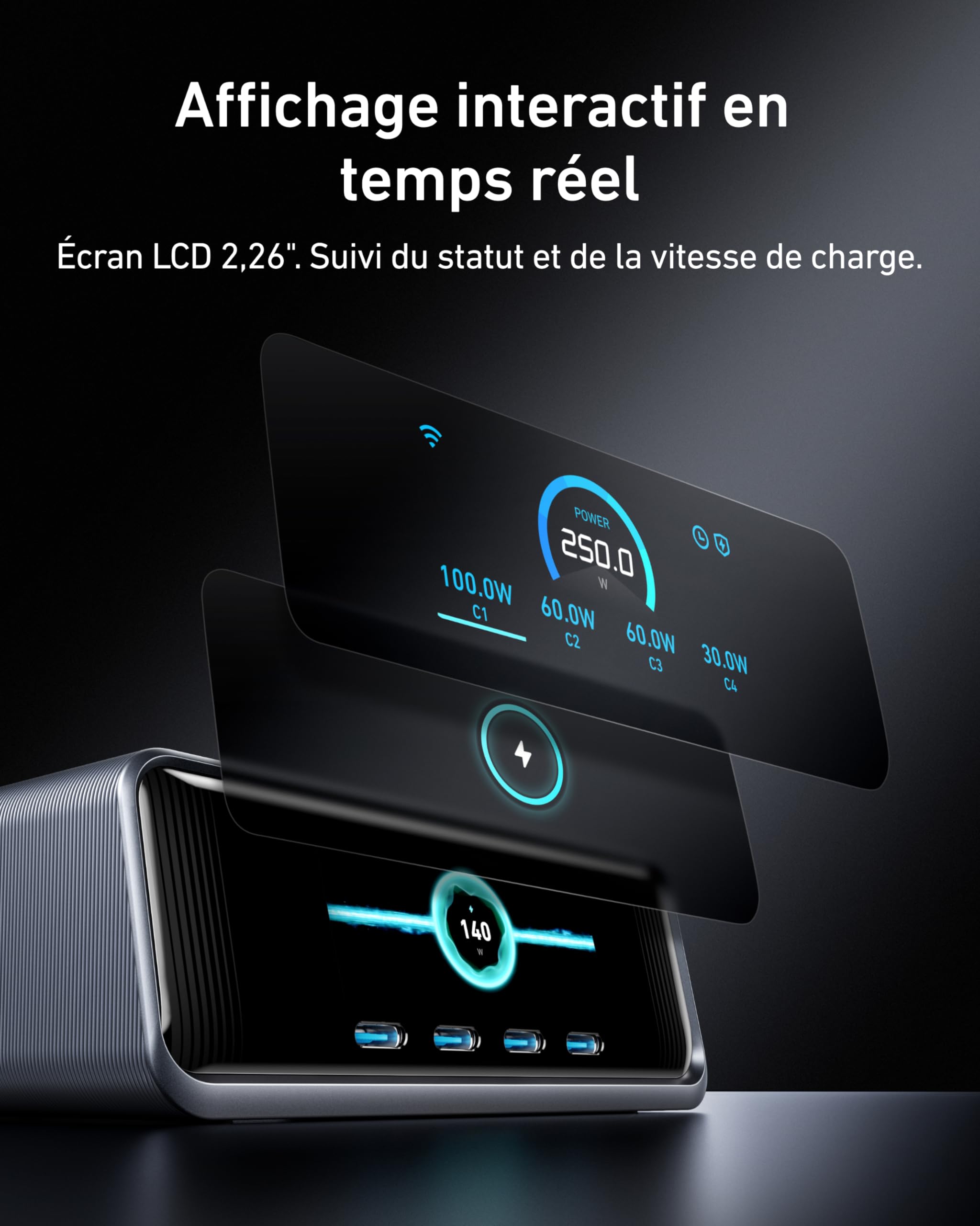 Anker Prime 250W 6-Port GaN USB C Fast Charging Station with LCD Display & Smart Control Wheel - Compatible with MacBook Pro/Air, iPhone 16/15/14, Pixel, Galaxy, Apple Watch - Perfect for Home, Office & Travel Charging Multiple Devices Simultaneously