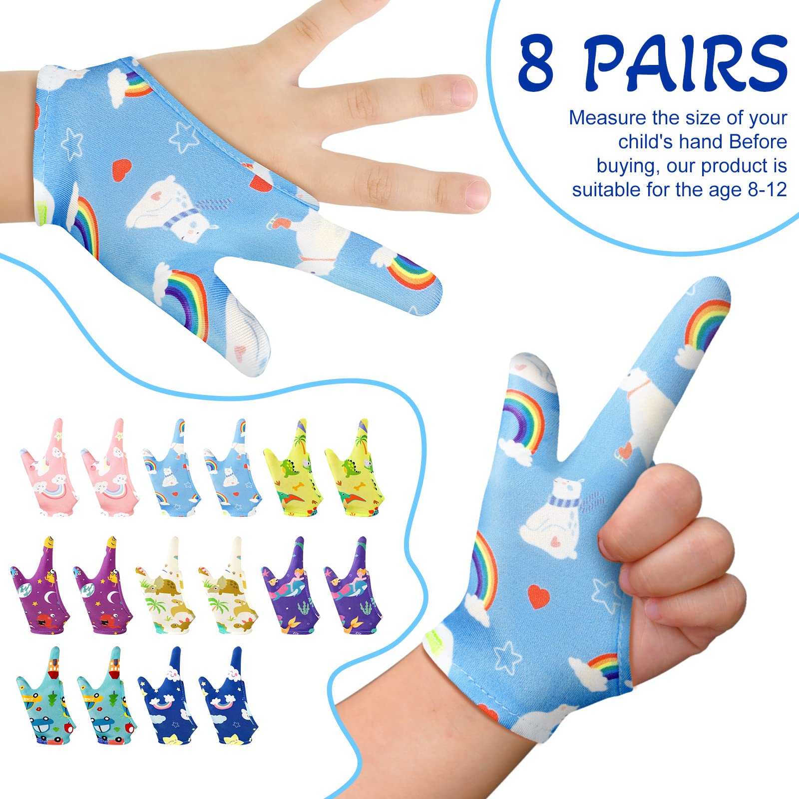 Janmercy 16 Pcs Thumb Sucking Prevention Gloves for Kids - Breathable Finger Guards to Stop Nail Biting & Thumb Sucking - 8 Adorable Styles (2 Finger Design for Ages 8-12) - Perfect for Daytime Play & Overnight Protection