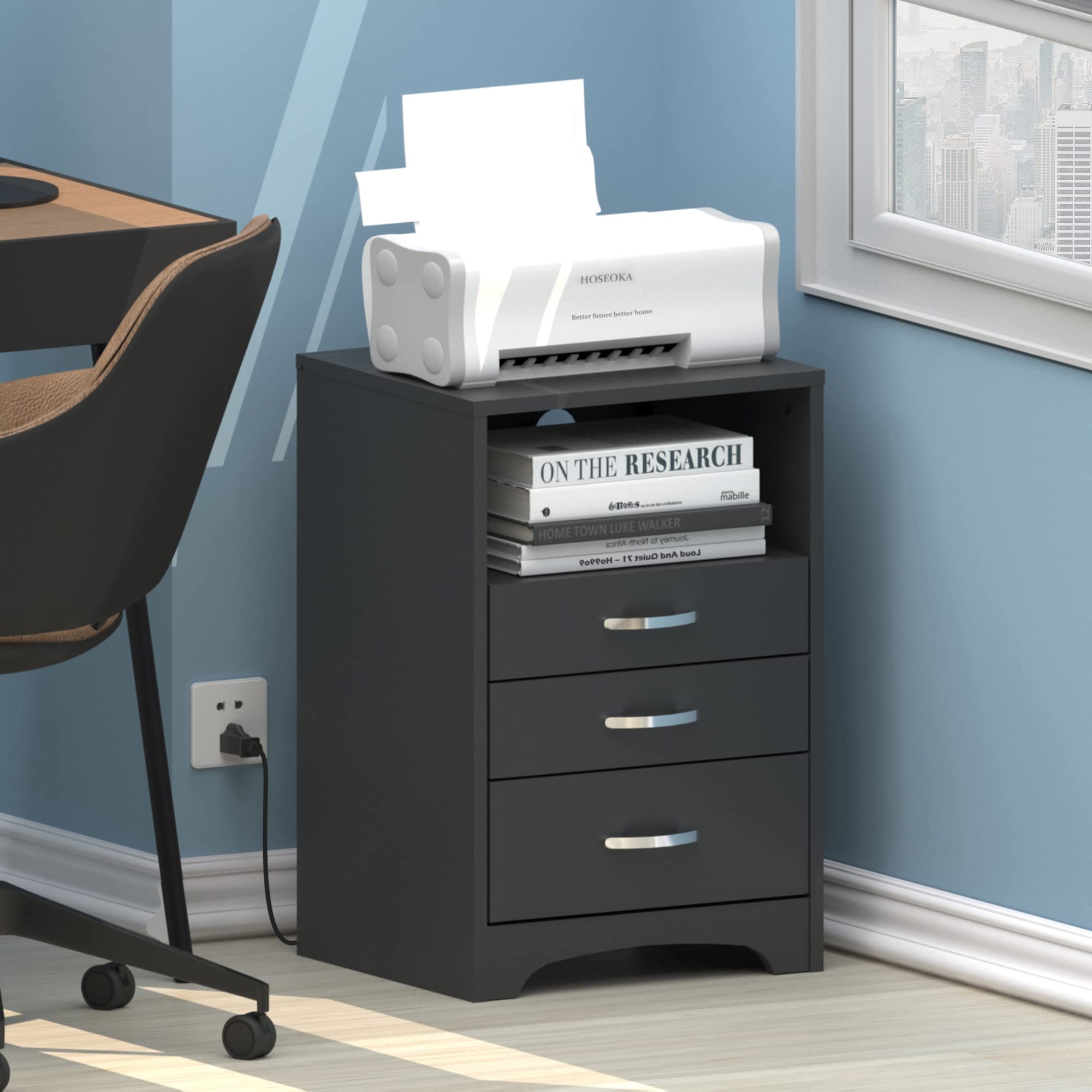 Black Nightstand with 3 Drawers & Charging Station - Bedside Table for Bedroom Storage & Organization