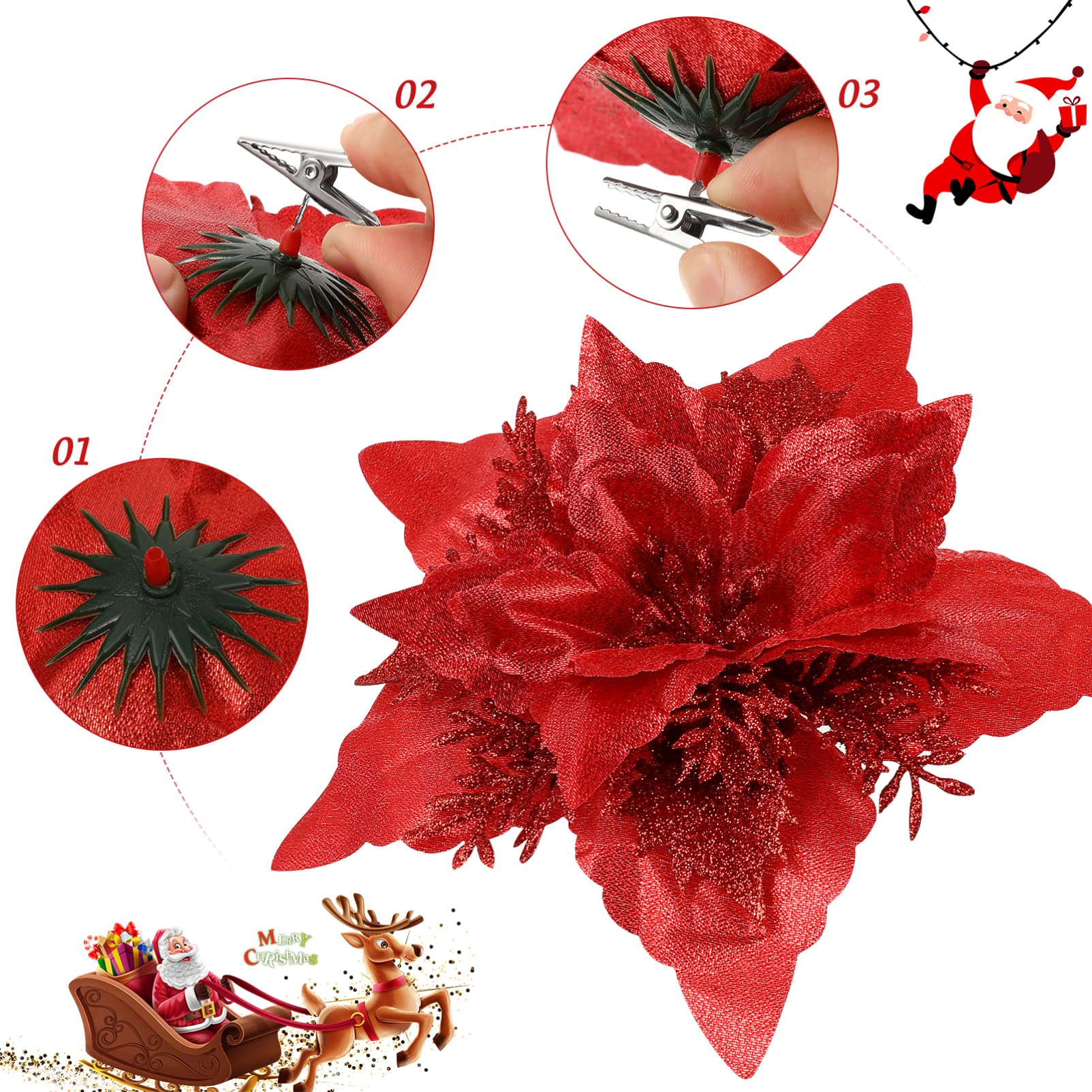 12 Pcs Christmas Glitter Poinsettia Flowers Decor - 7 Inch Artificial Xmas Tree Ornaments with Clips & Stems for Holiday Party, Wedding, New Year, Valentine's Day Decorations - Perfect for Home, Office, and Festive Event Decor