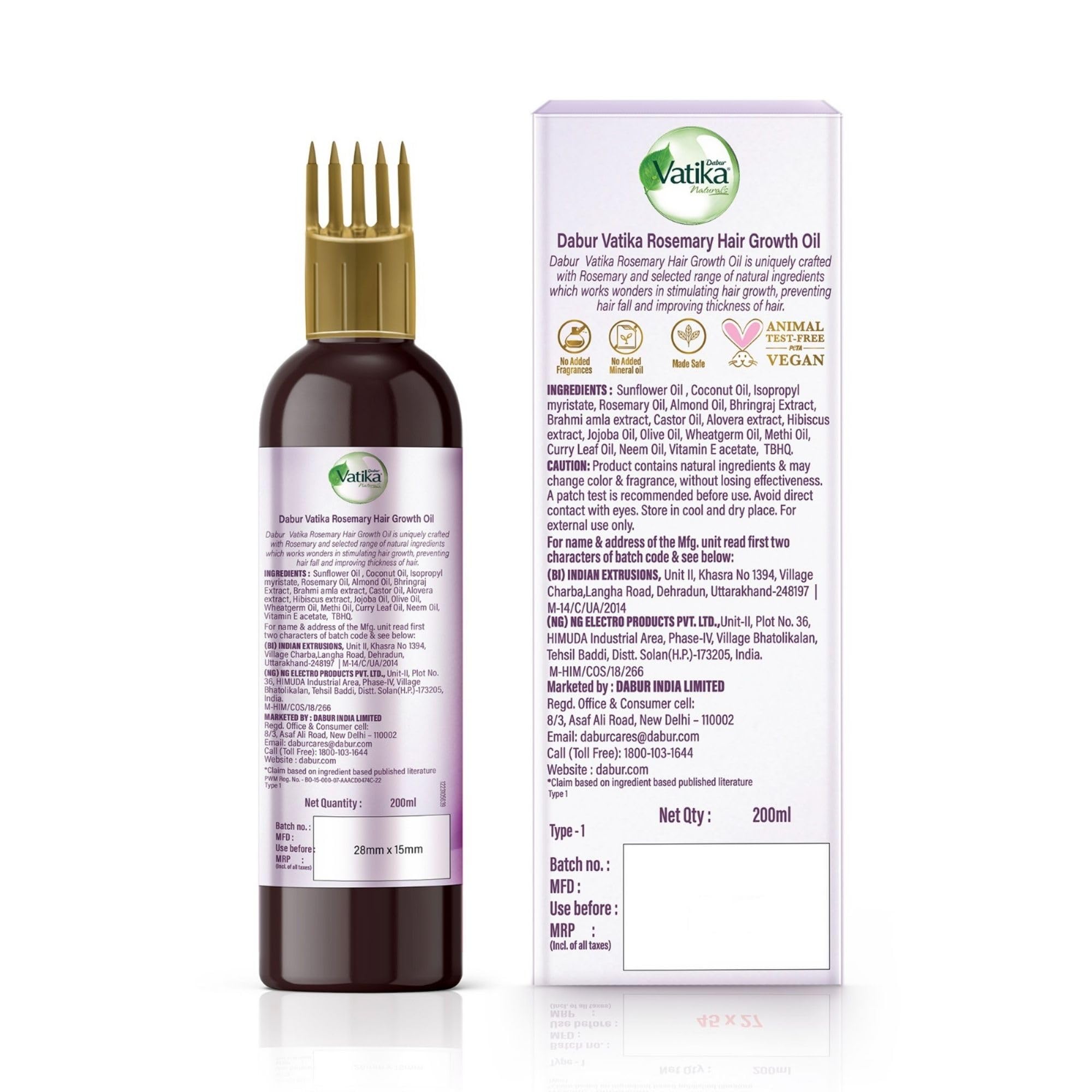 Dabur Vatika Rosemary Hair Growth Oil with Hibiscus & Coconut Oil - 200ml | Stimulates Hair Growth, Thickens Hair | Dermatologist Recommended | No Mineral Oil, Cruelty-Free | For Dry, Damaged Hair & Scalp Care | Perfect for Daily Hair Massage & Nourishment