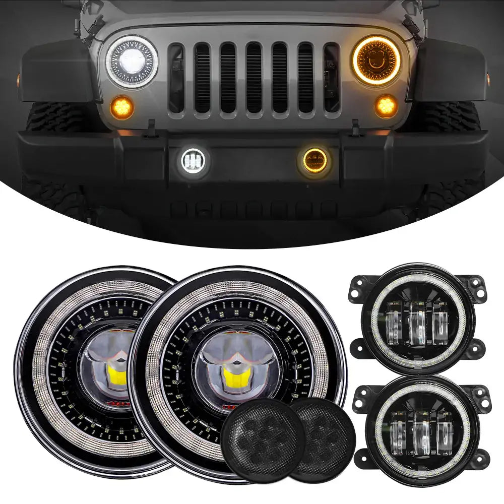 LOYO 7 Inch Dragon Eye LED Headlights + 4 Inch Fog Lights + Front Grill Indicator Lights Combo Kit for Jeep Wrangler JK (2007-2018) - Off-Road Lighting Upgrade for Night Driving & Adventure