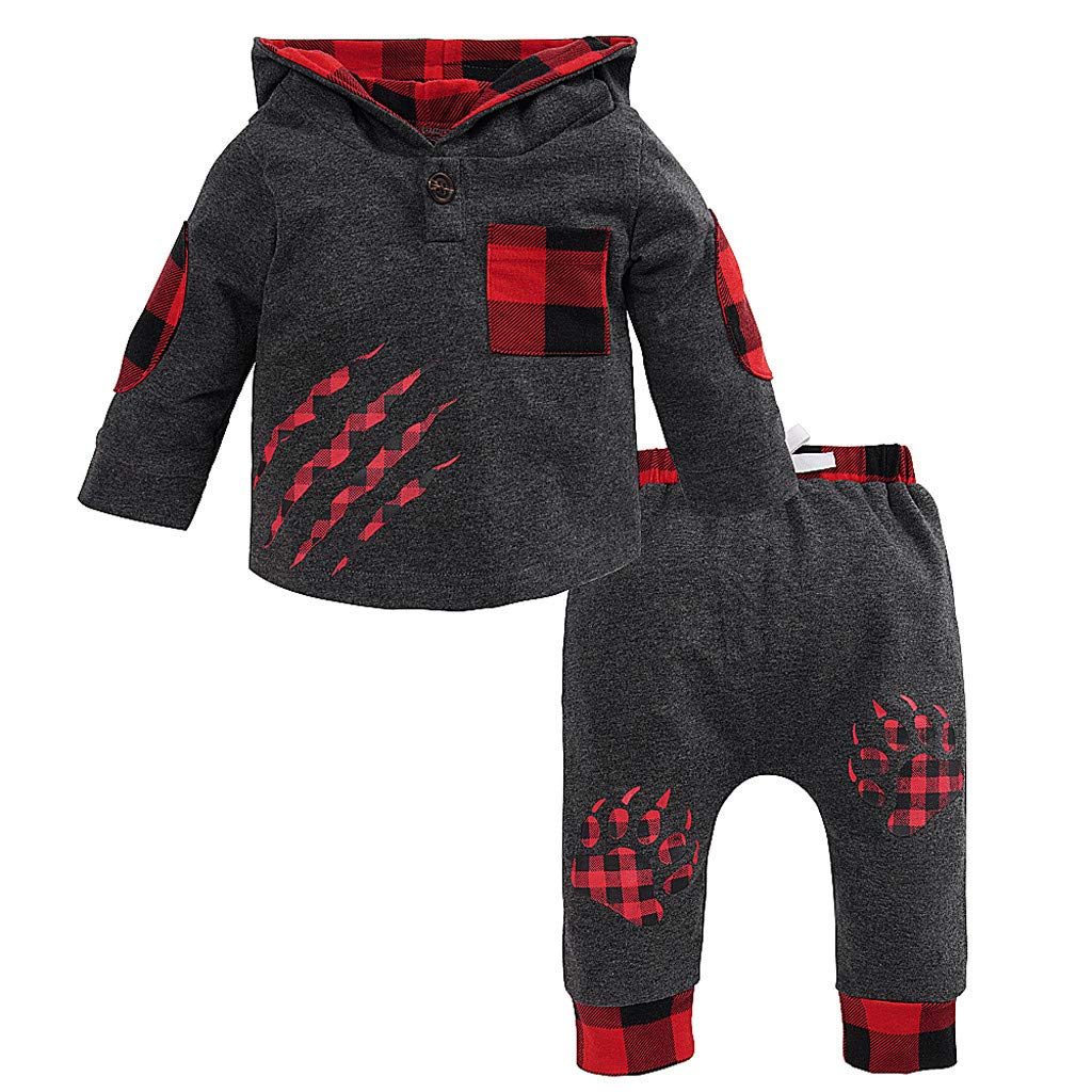 WOCACHI Baby Boys & Girls Plaid Outfit Set - Long Sleeve Hooded Pullover with Paw Prints & Pants - First Christmas Outfit for Newborns - Soft Velvet Fabric with Pockets - Perfect for Holiday Photos, Family Gatherings & Christmas Celebrations